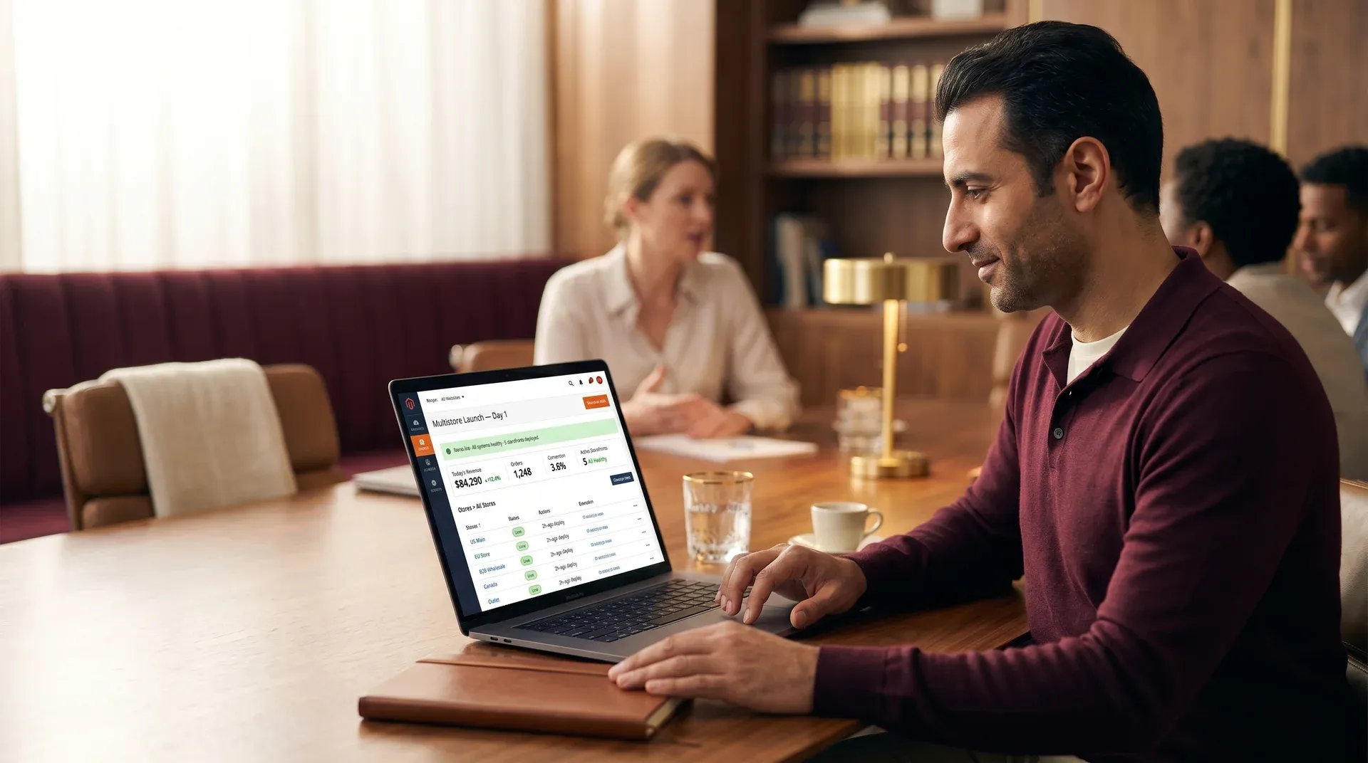 store owner reviewing new platform on laptop store owner reviewing new platform on laptop