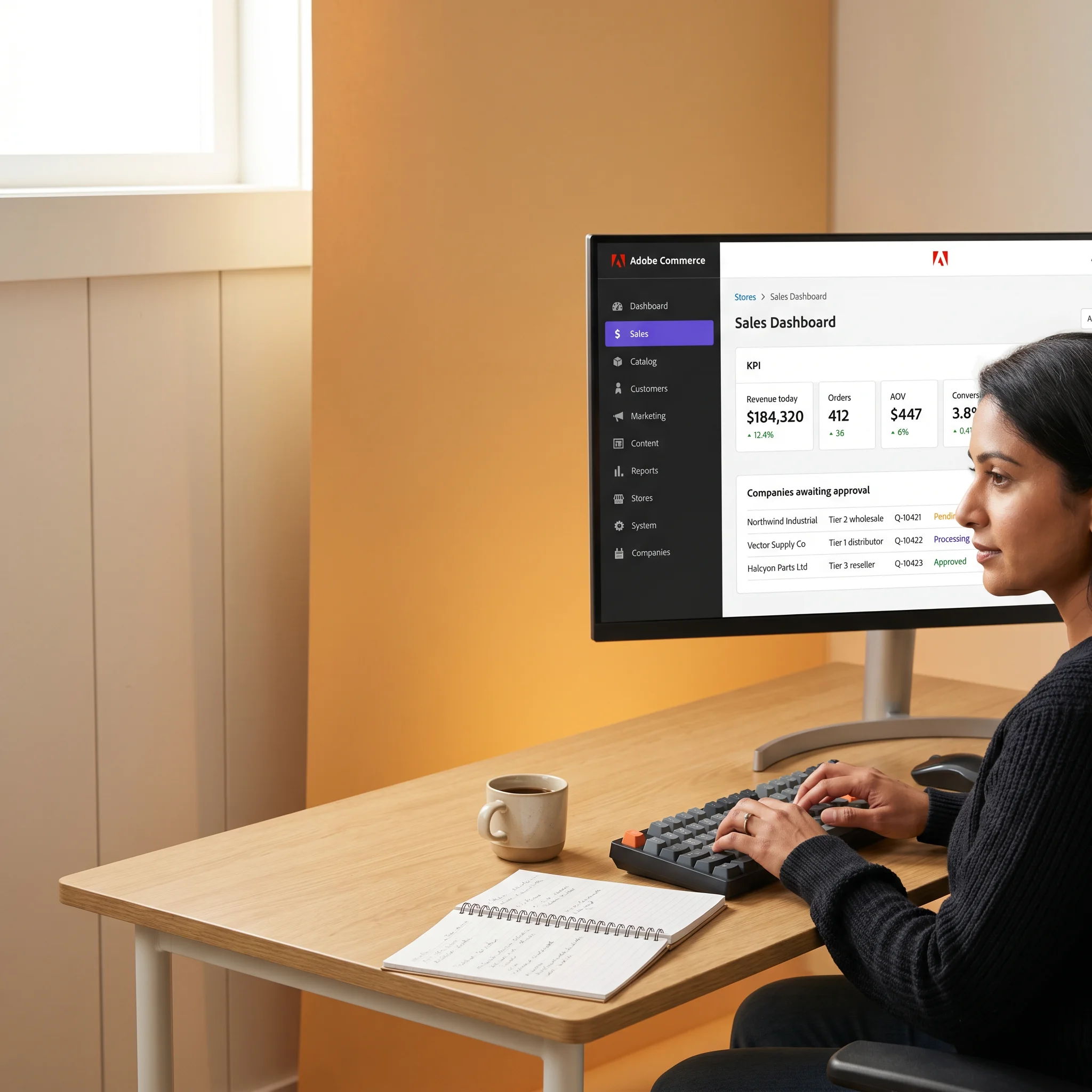 Adobe Commerce Admin dashboard open on a developer monitor showing orders, catalog, and B2B companies module Adobe Commerce Admin dashboard open on a developer monitor showing orders, catalog, and B2B companies module