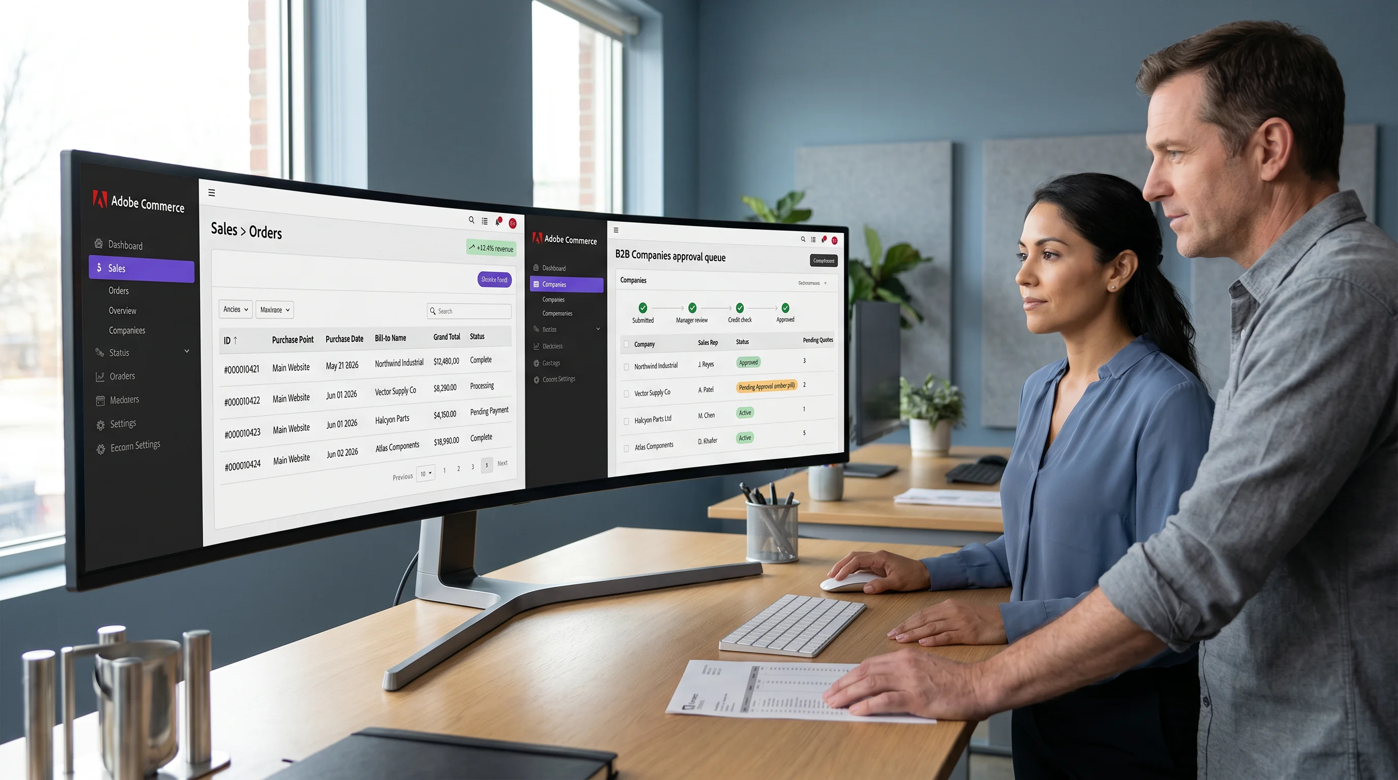 Side by side Adobe Commerce Admin order grid and B2B Companies approval queue on a wide monitor Side by side Adobe Commerce Admin order grid and B2B Companies approval queue on a wide monitor