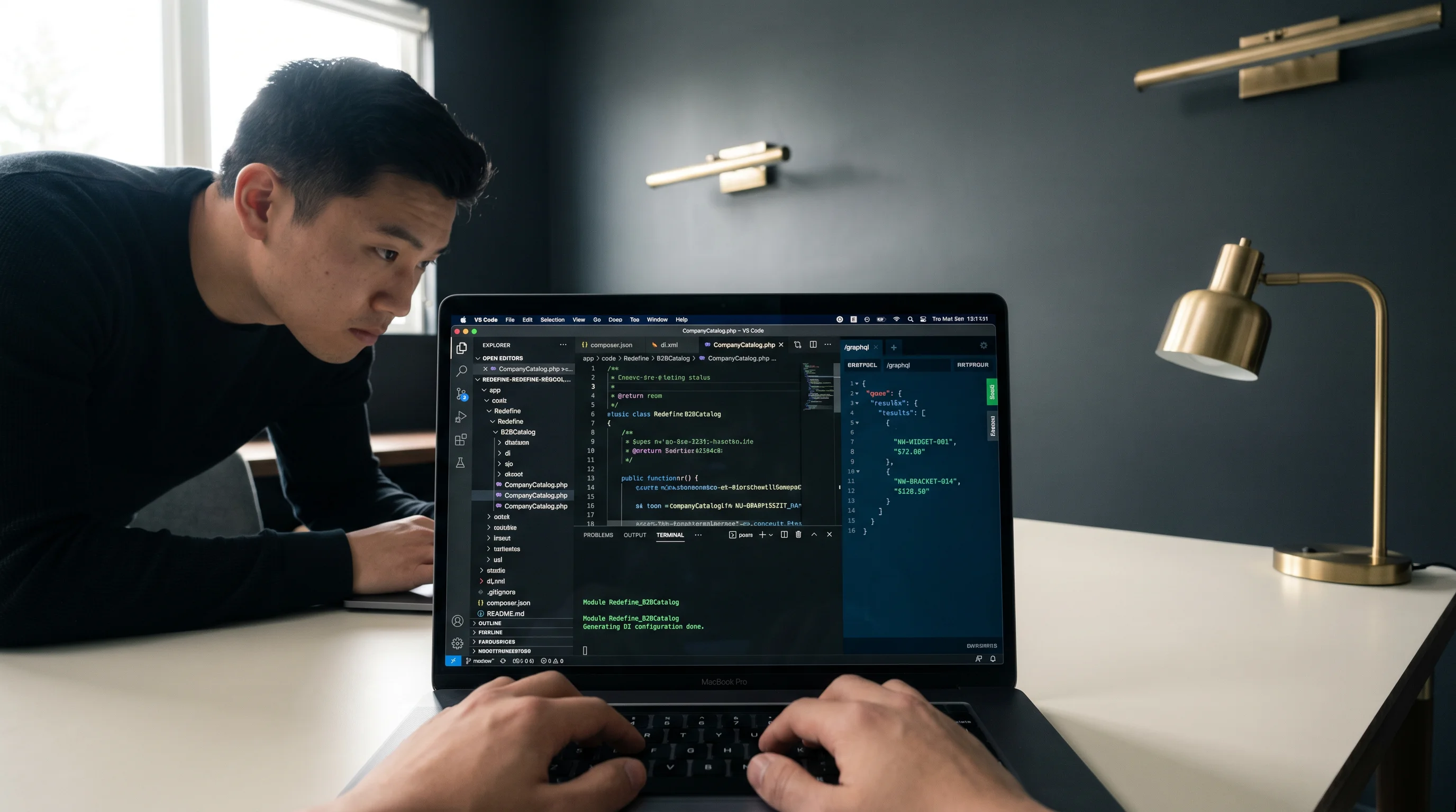 VS Code window with an Adobe Commerce module showing composer.json, di.xml, and a GraphQL resolver for B2B commerce VS Code window with an Adobe Commerce module showing composer.json, di.xml, and a GraphQL resolver for B2B commerce