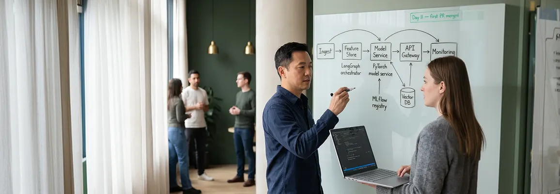 AI engineer in technical onboarding session reviewing code architecture with team lead at whiteboard AI engineer in technical onboarding session reviewing code architecture with team lead at whiteboard