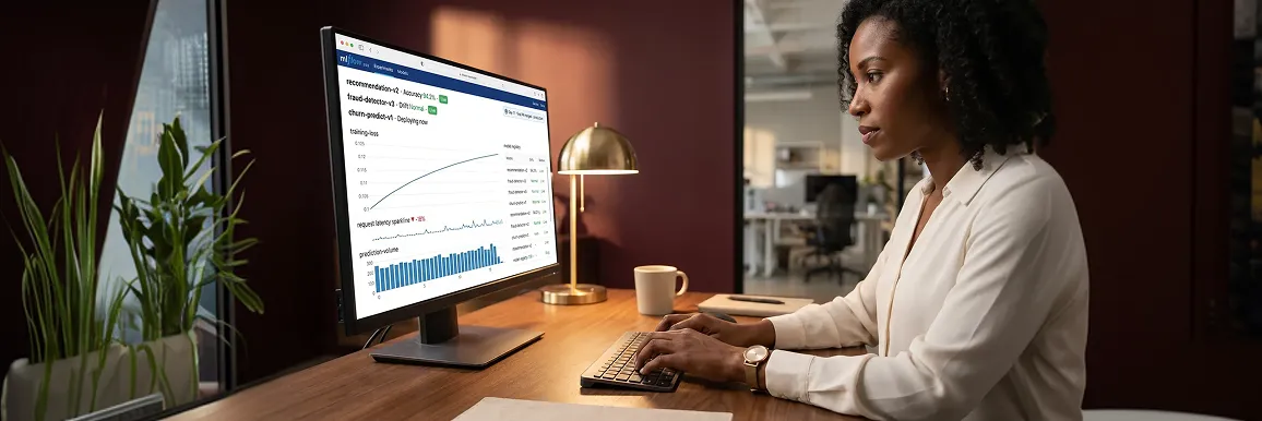 AI team lead deploying a model into production, hands on keyboard, live monitoring dashboard visible on screen AI team lead deploying a model into production, hands on keyboard, live monitoring dashboard visible on screen