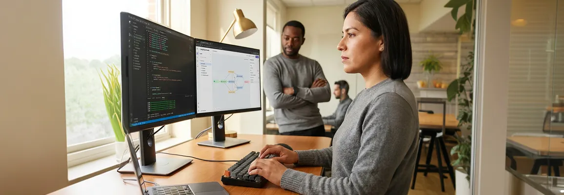 AI developers reviewing model output at dual-monitor workstations in a modern tech workspace AI developers reviewing model output at dual-monitor workstations in a modern tech workspace
