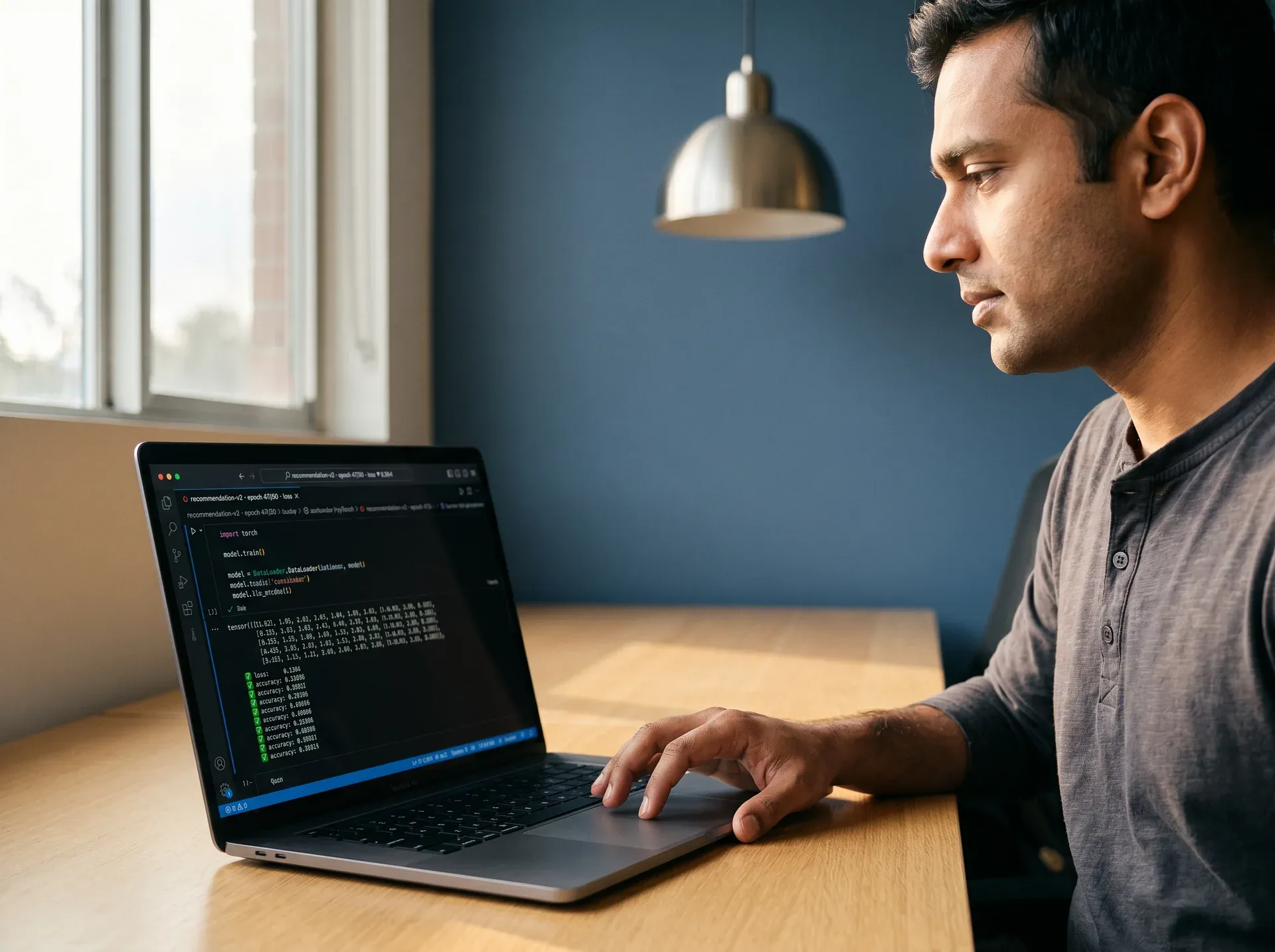 Senior ML engineer running model evaluation at terminal with visible code output and performance metrics Senior ML engineer running model evaluation at terminal with visible code output and performance metrics