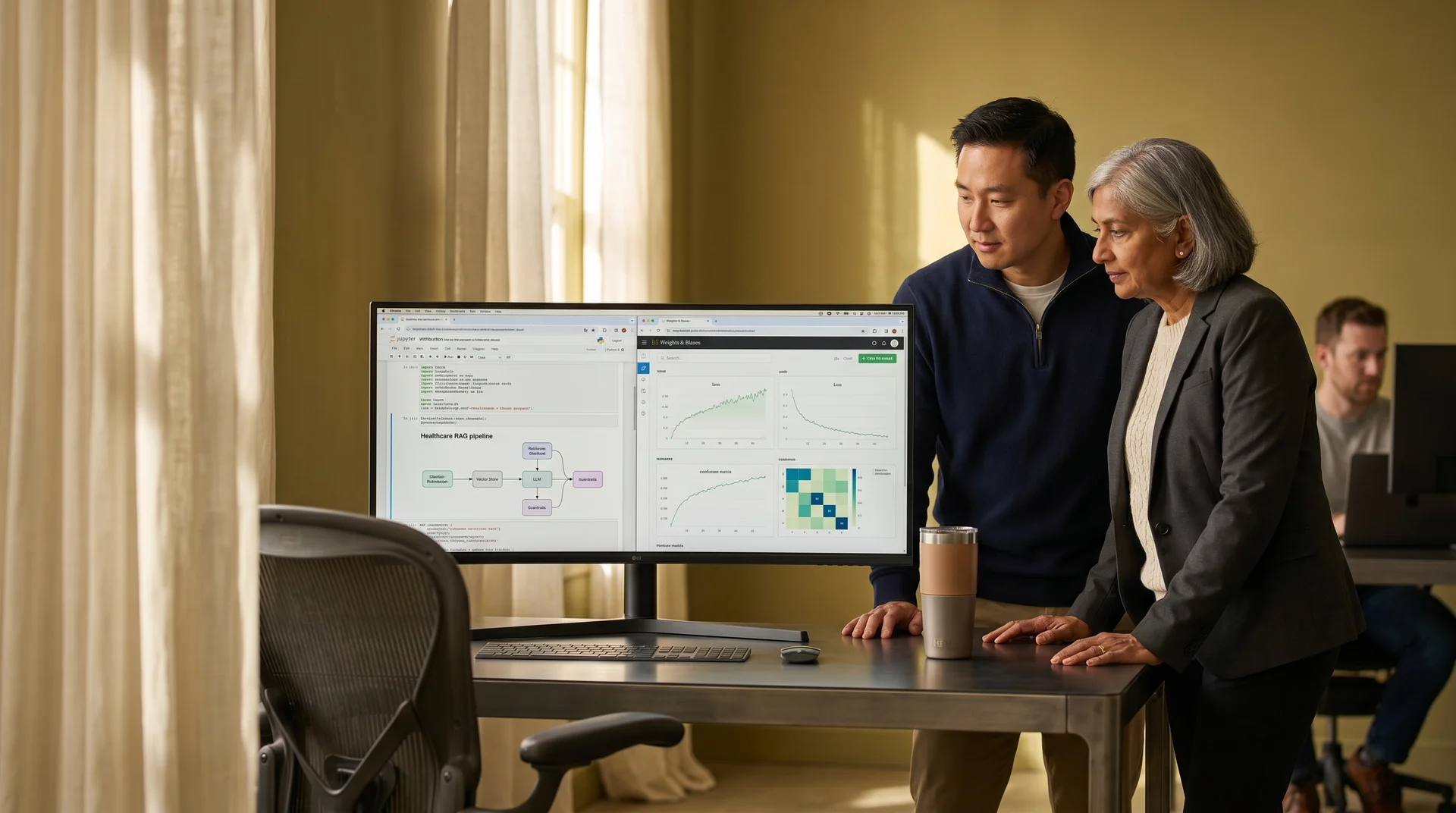 Senior AI consultant walking a chief technology officer through a pilot to production roadmap on a wide monitor in an enterprise conference room Senior AI consultant walking a chief technology officer through a pilot to production roadmap on a wide monitor in an enterprise conference room
