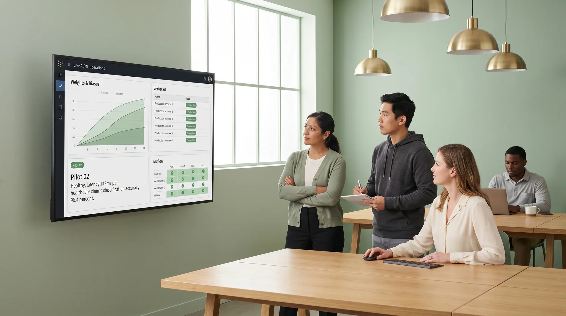 Diverse enterprise engineering team reviewing production AI pilot metrics on a large display, charts trending upward Diverse enterprise engineering team reviewing production AI pilot metrics on a large display, charts trending upward