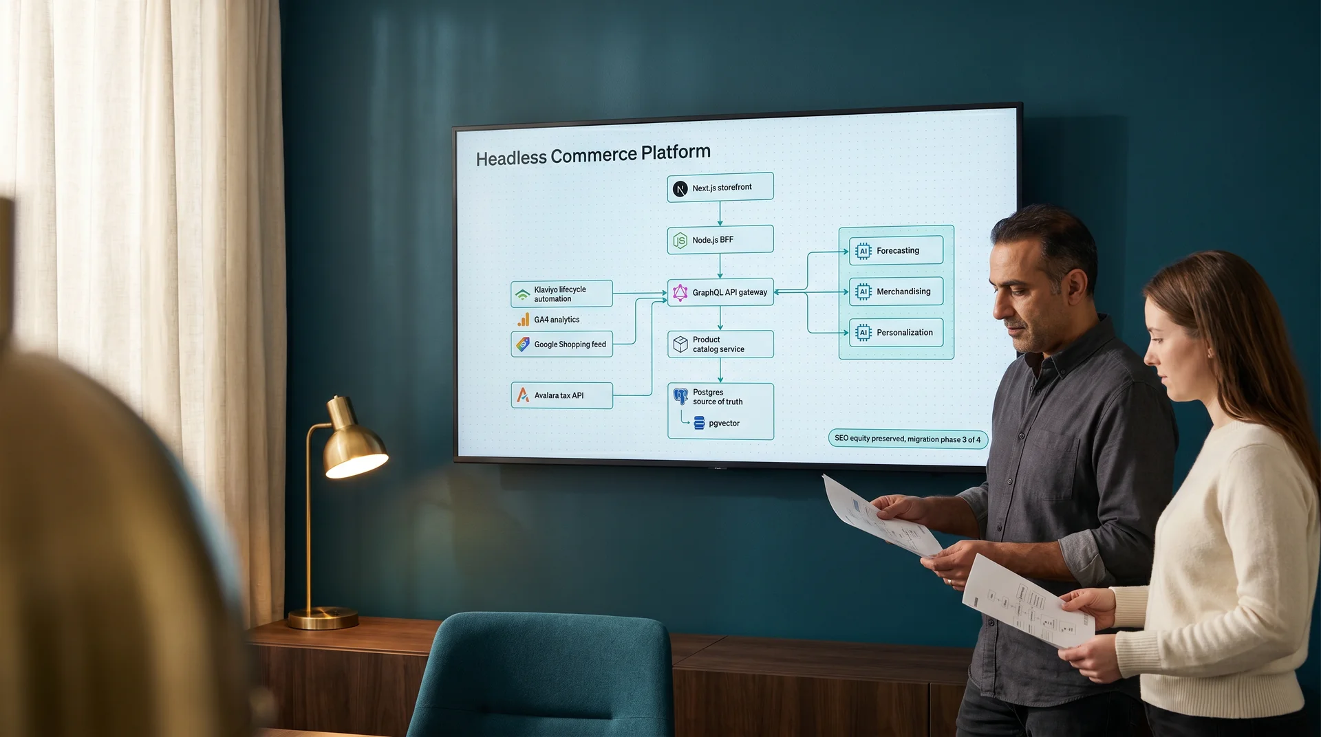 Headless commerce platform architecture diagram annotated by client architects and Redefine engineers Headless commerce platform architecture diagram annotated by client architects and Redefine engineers