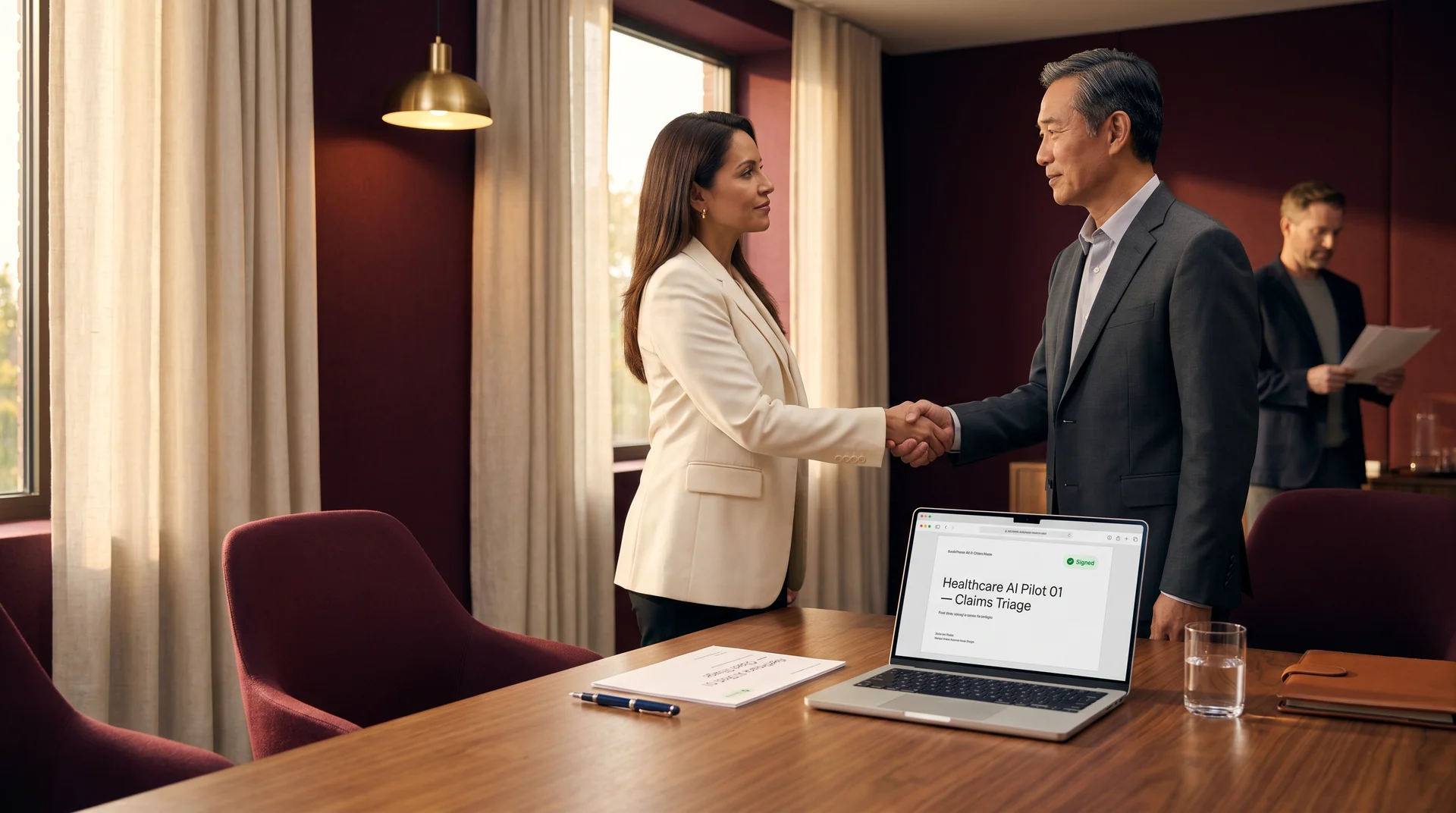 Senior AI consultant and chief information officer at the close of a strategy workshop, laptop open to a signed pilot brief Senior AI consultant and chief information officer at the close of a strategy workshop, laptop open to a signed pilot brief