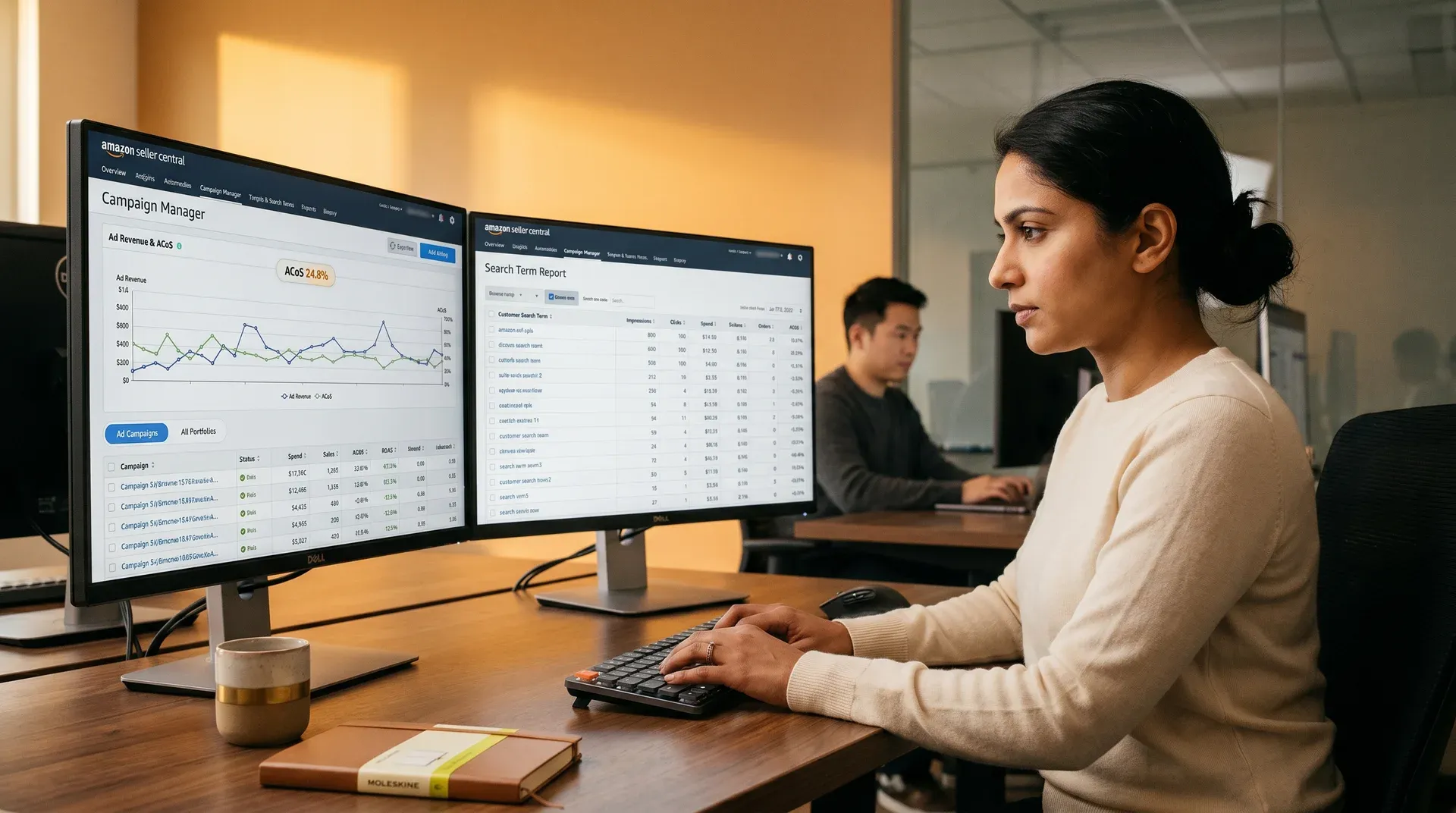 Amazon pay-per-click analyst reviewing campaign performance data on dual monitors in natural desk light, focused side profile Amazon pay-per-click analyst reviewing campaign performance data on dual monitors in natural desk light, focused side profile