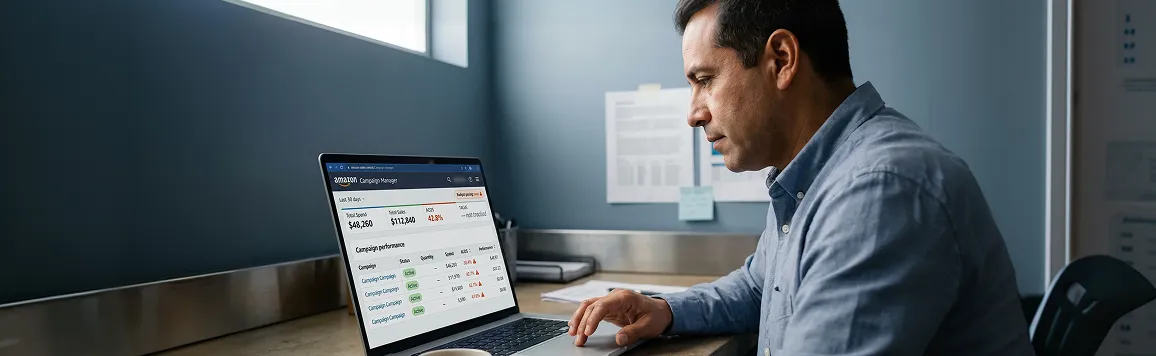 Brand owner reviewing elevated Amazon ACOS campaign data on screen with concerned focus in natural desk light Brand owner reviewing elevated Amazon ACOS campaign data on screen with concerned focus in natural desk light