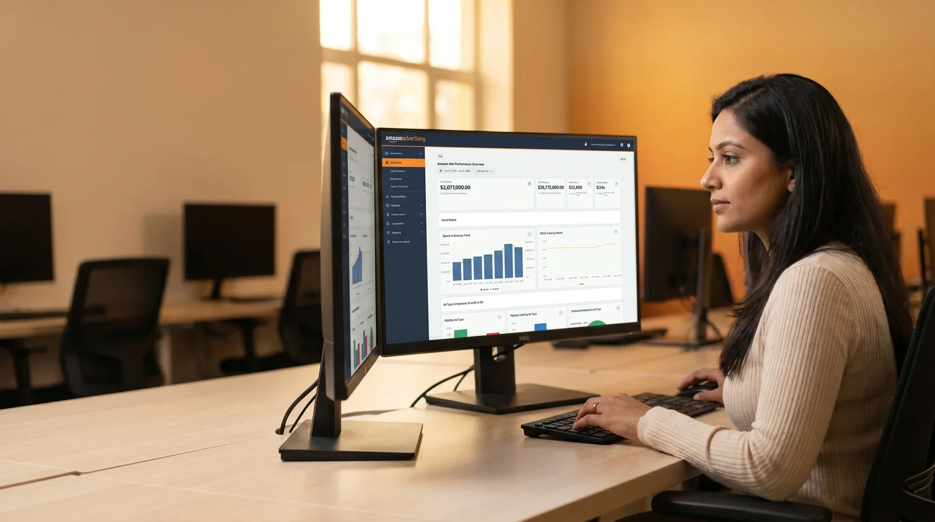 Amazon pay-per-click analyst reviewing full-funnel advertising campaign dashboards on multiple screens at workstation, dramatic screen glow, side profile Amazon pay-per-click analyst reviewing full-funnel advertising campaign dashboards on multiple screens at workstation, dramatic screen glow, side profile