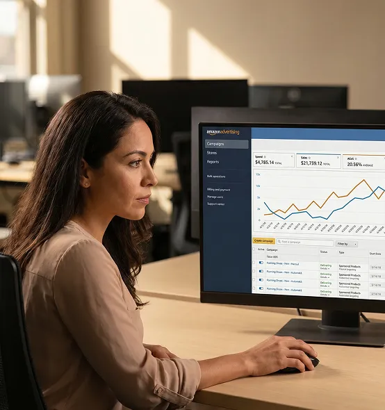 Seller reviewing improved Amazon advertising metrics on laptop, advertising cost of sale dropping and return on ad spend climbing Seller reviewing improved Amazon advertising metrics on laptop, advertising cost of sale dropping and return on ad spend climbing