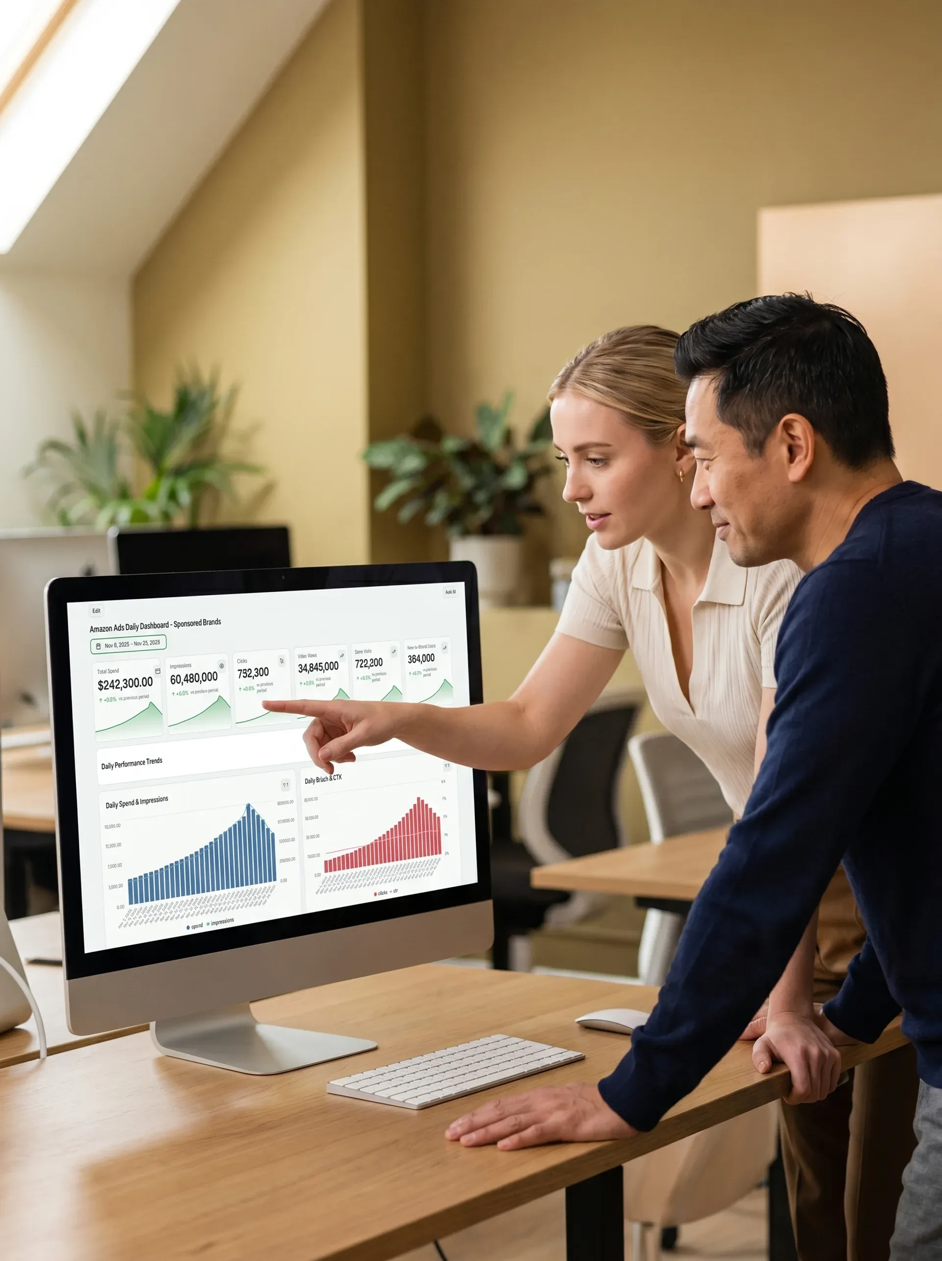 Analytics team reviewing rising Amazon advertising performance results on screen, natural office light, satisfied expressions Analytics team reviewing rising Amazon advertising performance results on screen, natural office light, satisfied expressions