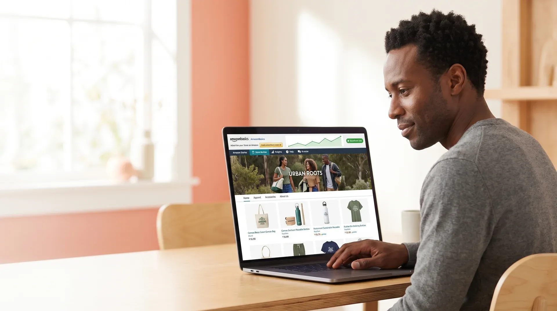 Brand owner reviewing generic unbranded Amazon storefront presence with frustrated focus at desk in natural light Brand owner reviewing generic unbranded Amazon storefront presence with frustrated focus at desk in natural light