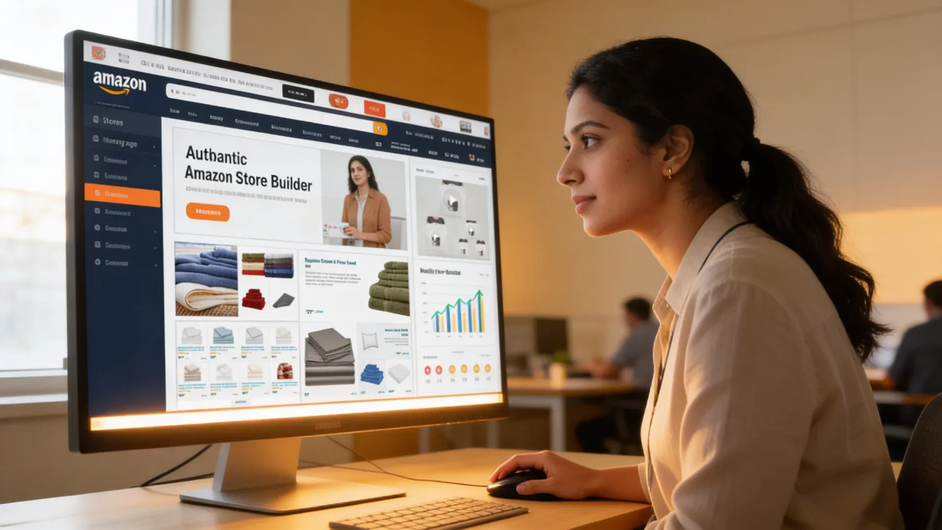 Brand store designer reviewing Amazon brand store layout in Figma on large monitor, warm directional light, focused side profile Brand store designer reviewing Amazon brand store layout in Figma on large monitor, warm directional light, focused side profile