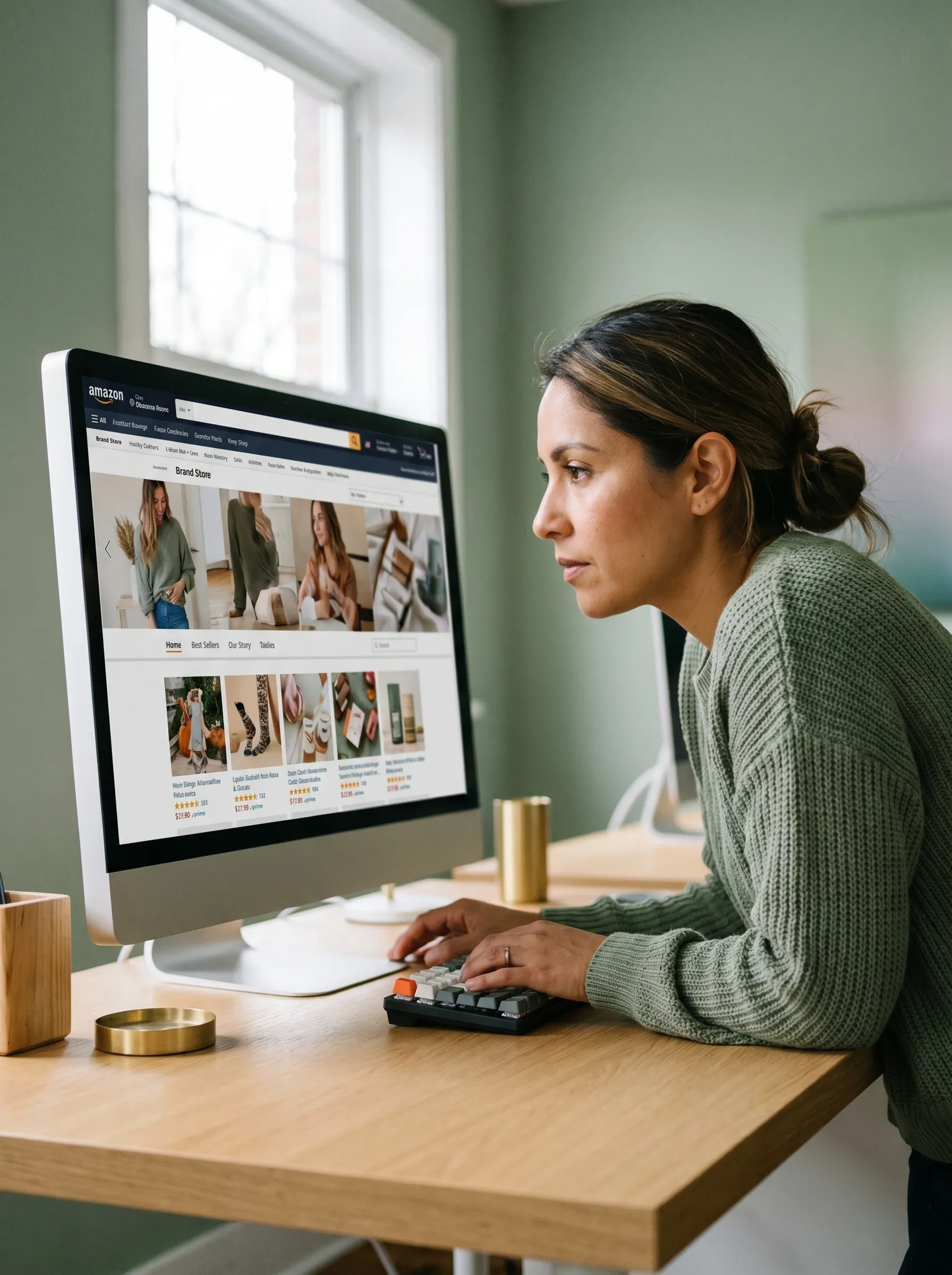 Creative designer reviewing completed Amazon brand store design on large desktop monitor, natural side window light, focused pleased expression Creative designer reviewing completed Amazon brand store design on large desktop monitor, natural side window light, focused pleased expression