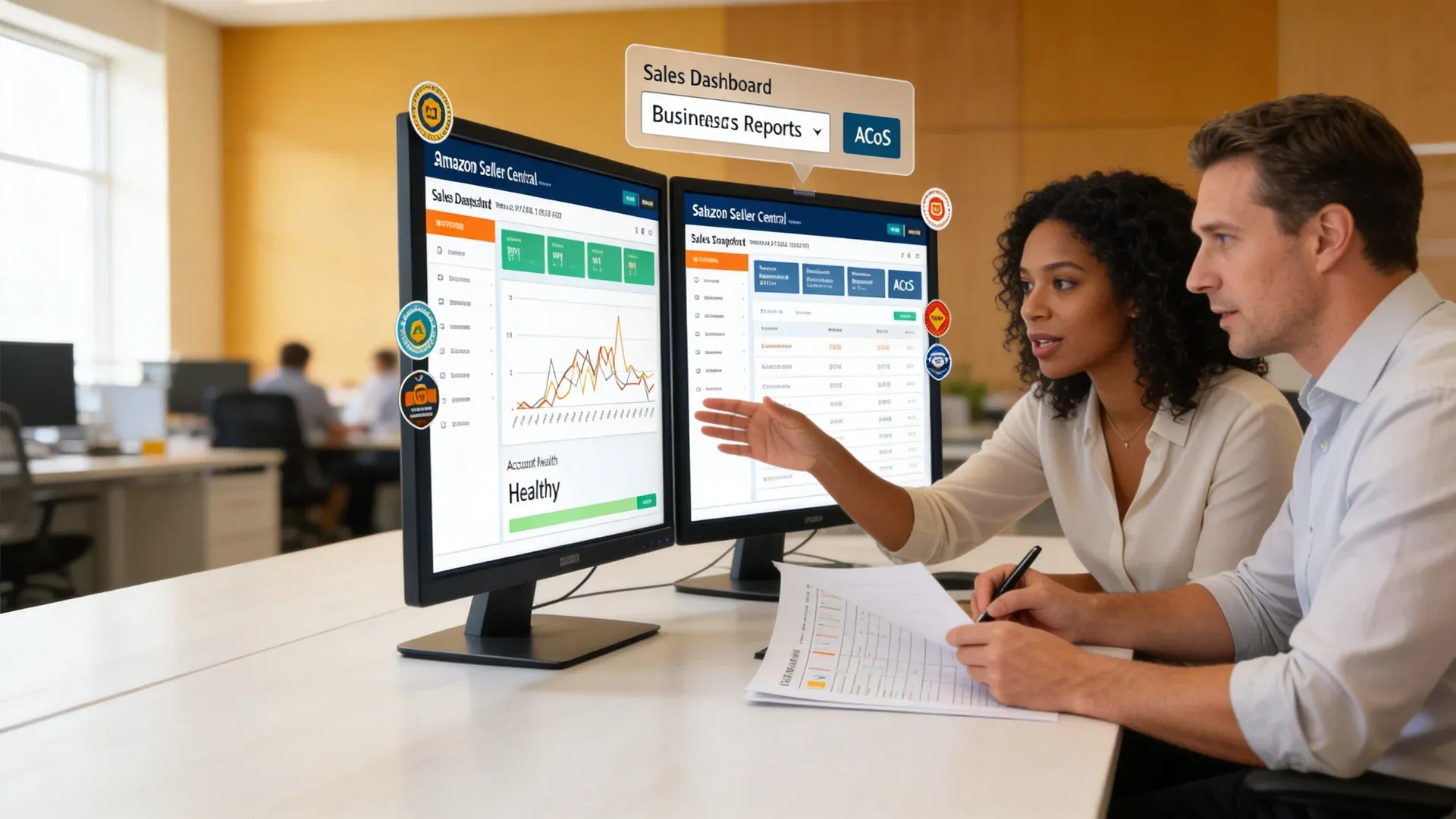 Amazon account audit team reviewing account performance and health data across multiple screens in natural side light Amazon account audit team reviewing account performance and health data across multiple screens in natural side light