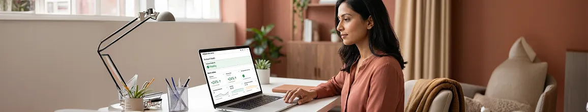 Brand owner at desk reviewing a clean organized Amazon account health dashboard with healthy green metrics in natural desk light Brand owner at desk reviewing a clean organized Amazon account health dashboard with healthy green metrics in natural desk light