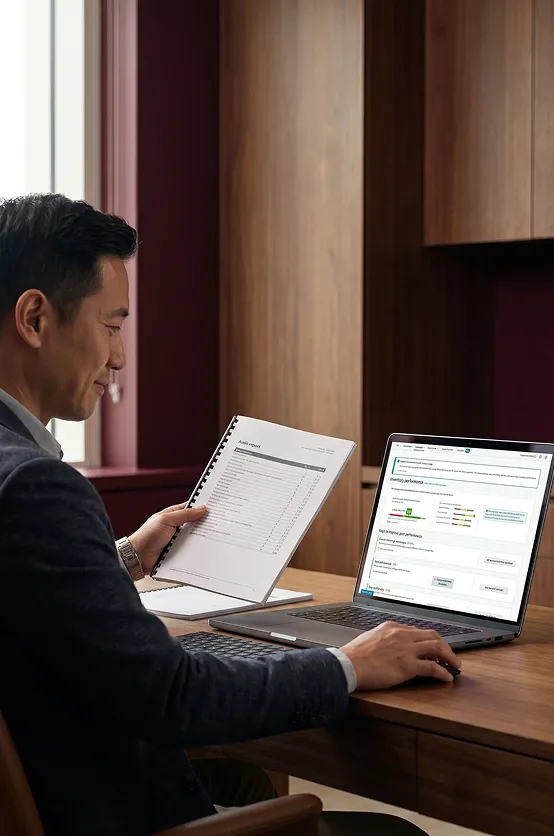 Amazon account strategist reviewing completed audit report deliverable with visible focus and relief in natural desk light Amazon account strategist reviewing completed audit report deliverable with visible focus and relief in natural desk light