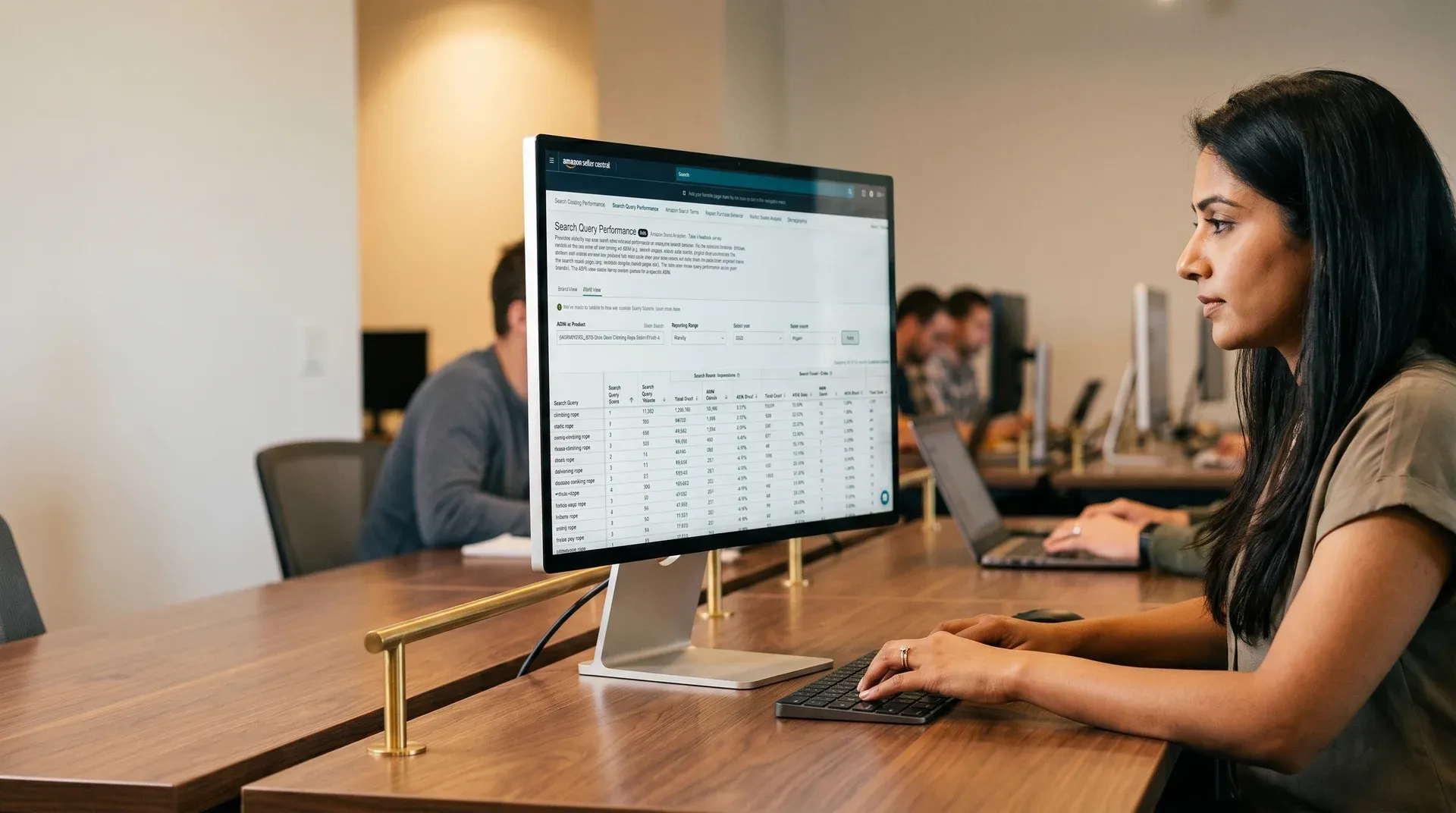 Amazon search engine optimization analyst reviewing keyword rank mapping data on screen with focused side profile in natural desk light Amazon search engine optimization analyst reviewing keyword rank mapping data on screen with focused side profile in natural desk light