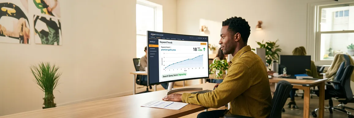 Brand owner at desk reviewing improving Amazon organic ranking data with confident focus in natural desk light Brand owner at desk reviewing improving Amazon organic ranking data with confident focus in natural desk light