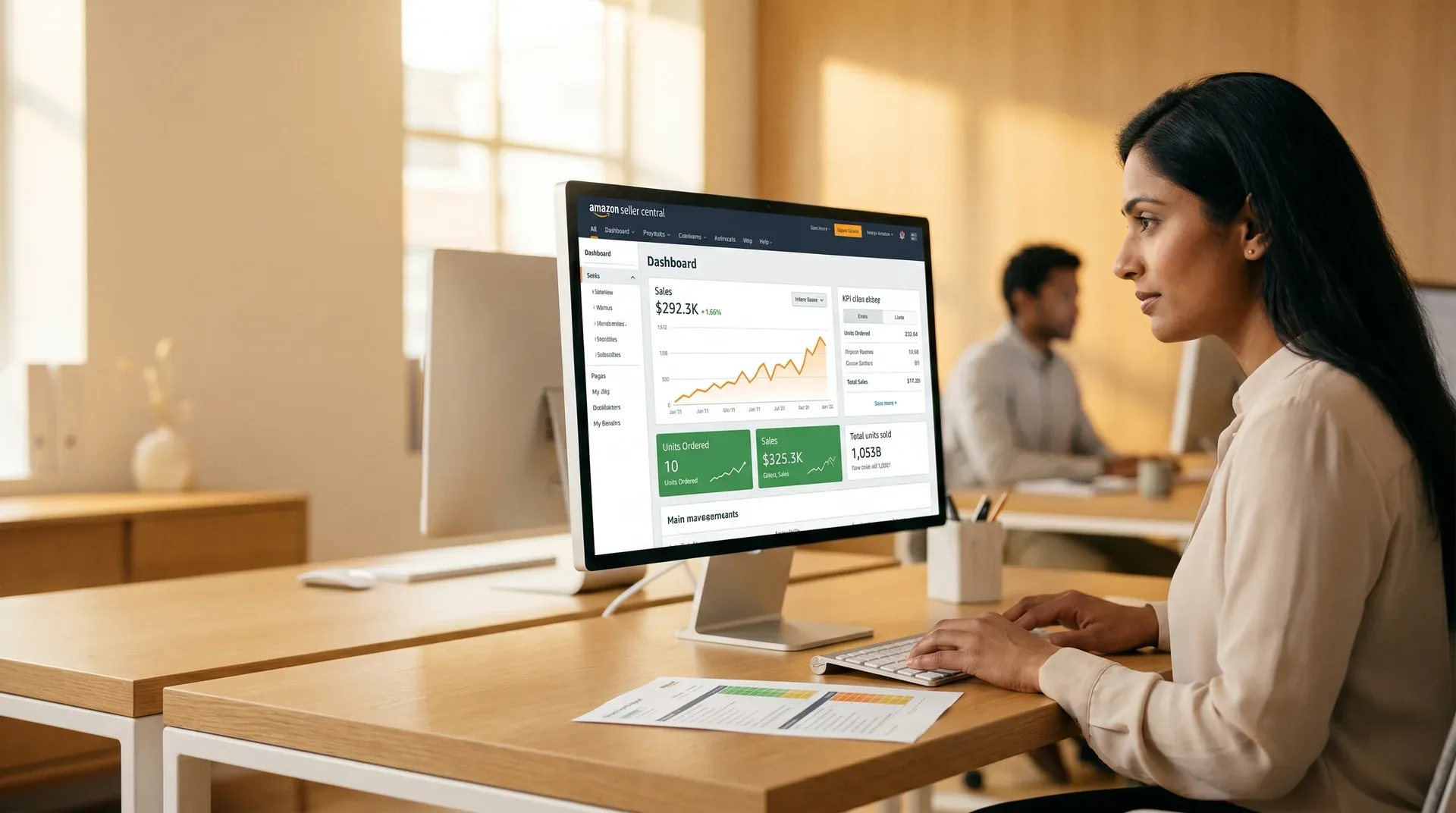 Amazon listing audit analyst reviewing listing performance findings on large monitor, warm natural window light, focused side profile Amazon listing audit analyst reviewing listing performance findings on large monitor, warm natural window light, focused side profile