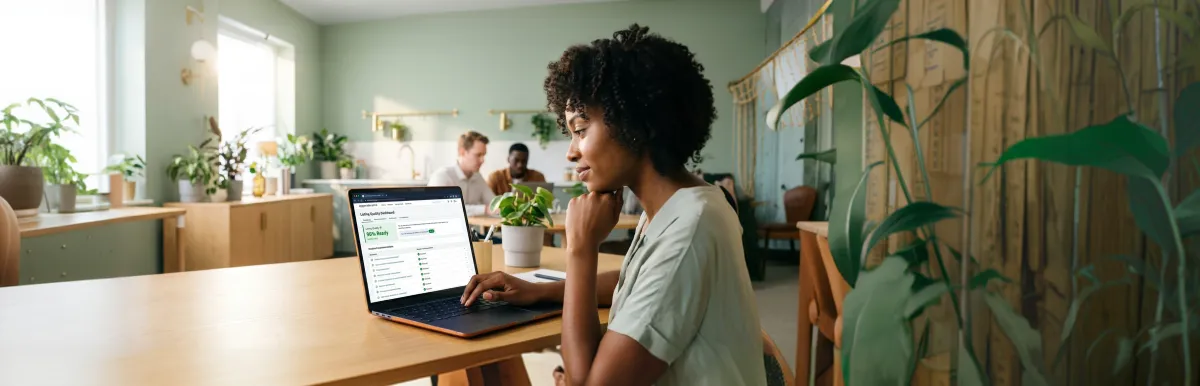 Amazon listing specialist reviewing a healthy Listing Quality Dashboard with green quality scores and upward sales lift, calm and confident Amazon listing specialist reviewing a healthy Listing Quality Dashboard with green quality scores and upward sales lift, calm and confident