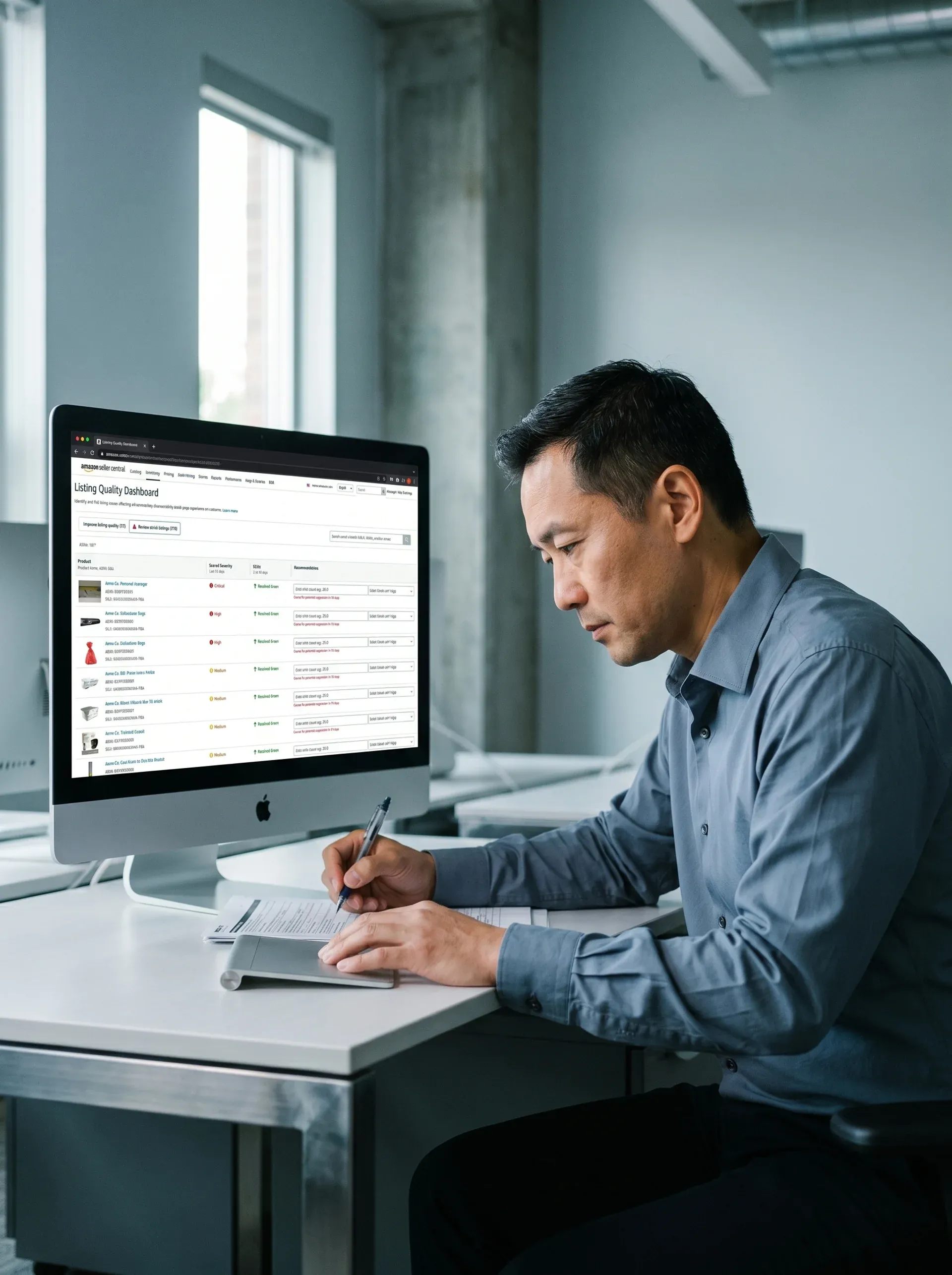 Amazon listing audit analyst reviewing detailed audit findings document on monitor, natural side light, focused concentrated expression Amazon listing audit analyst reviewing detailed audit findings document on monitor, natural side light, focused concentrated expression