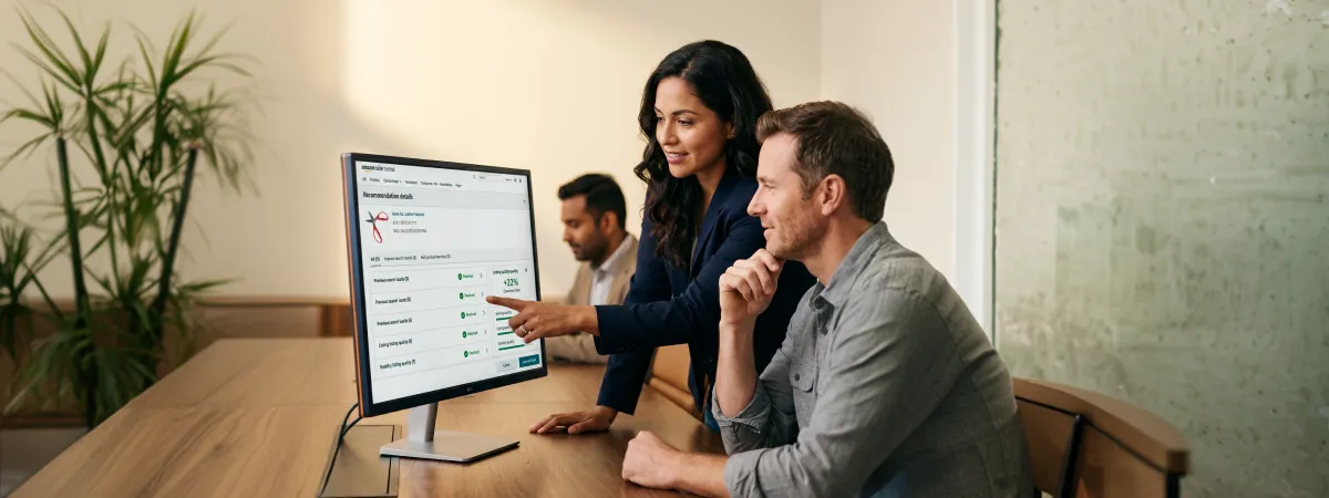 Brand and ops team reviewing Amazon listing improvements after audit findings, natural office light, satisfied engaged expressions Brand and ops team reviewing Amazon listing improvements after audit findings, natural office light, satisfied engaged expressions
