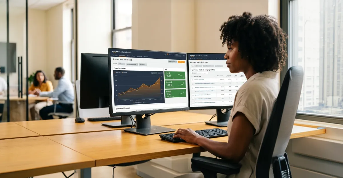 Amazon pay-per-click analyst reviewing campaign audit findings on multiple screens at workstation, screen glow, focused side profile Amazon pay-per-click analyst reviewing campaign audit findings on multiple screens at workstation, screen glow, focused side profile