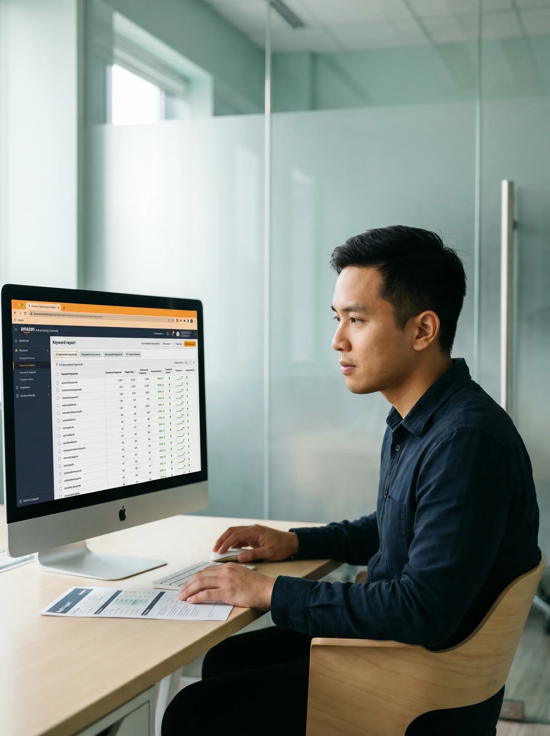Amazon pay-per-click advertising specialist reviewing detailed audit report findings on monitor, natural afternoon side light, focused expression Amazon pay-per-click advertising specialist reviewing detailed audit report findings on monitor, natural afternoon side light, focused expression