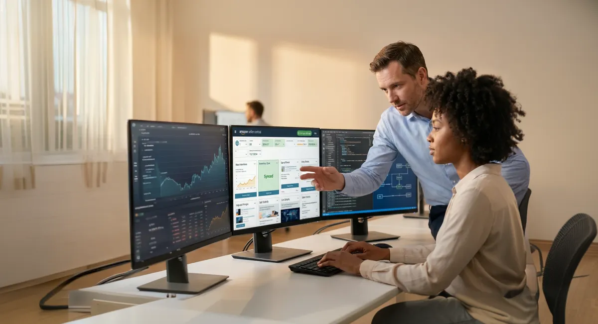 Ecommerce operations team reviewing Amazon integration data flow across multiple screens