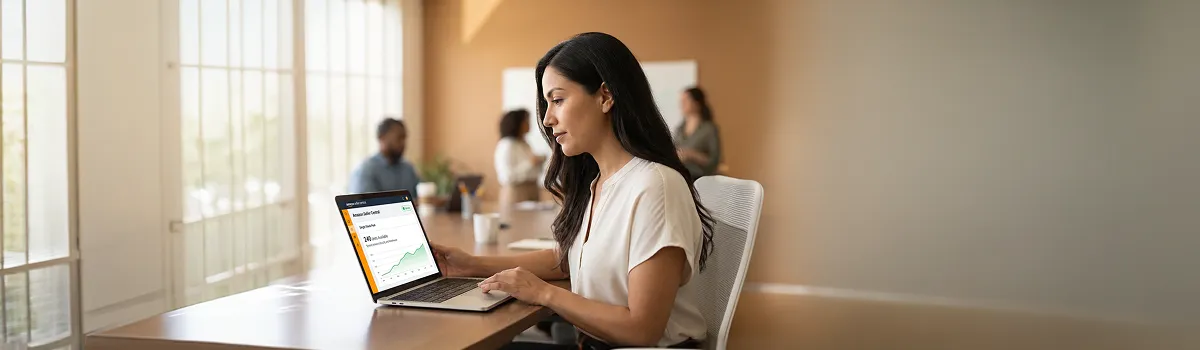 Brand manager at desk dealing with fragmented Amazon and ecommerce system data