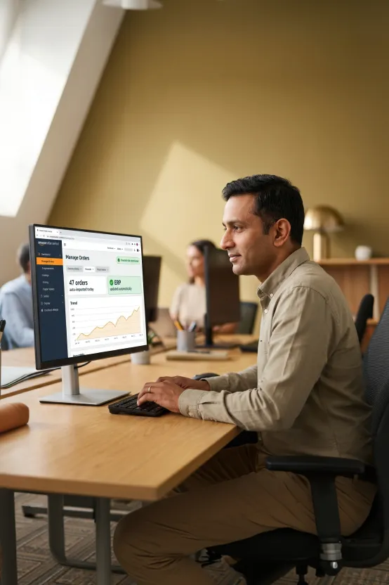 Operations strategist reviewing completed Amazon integration architecture on screen