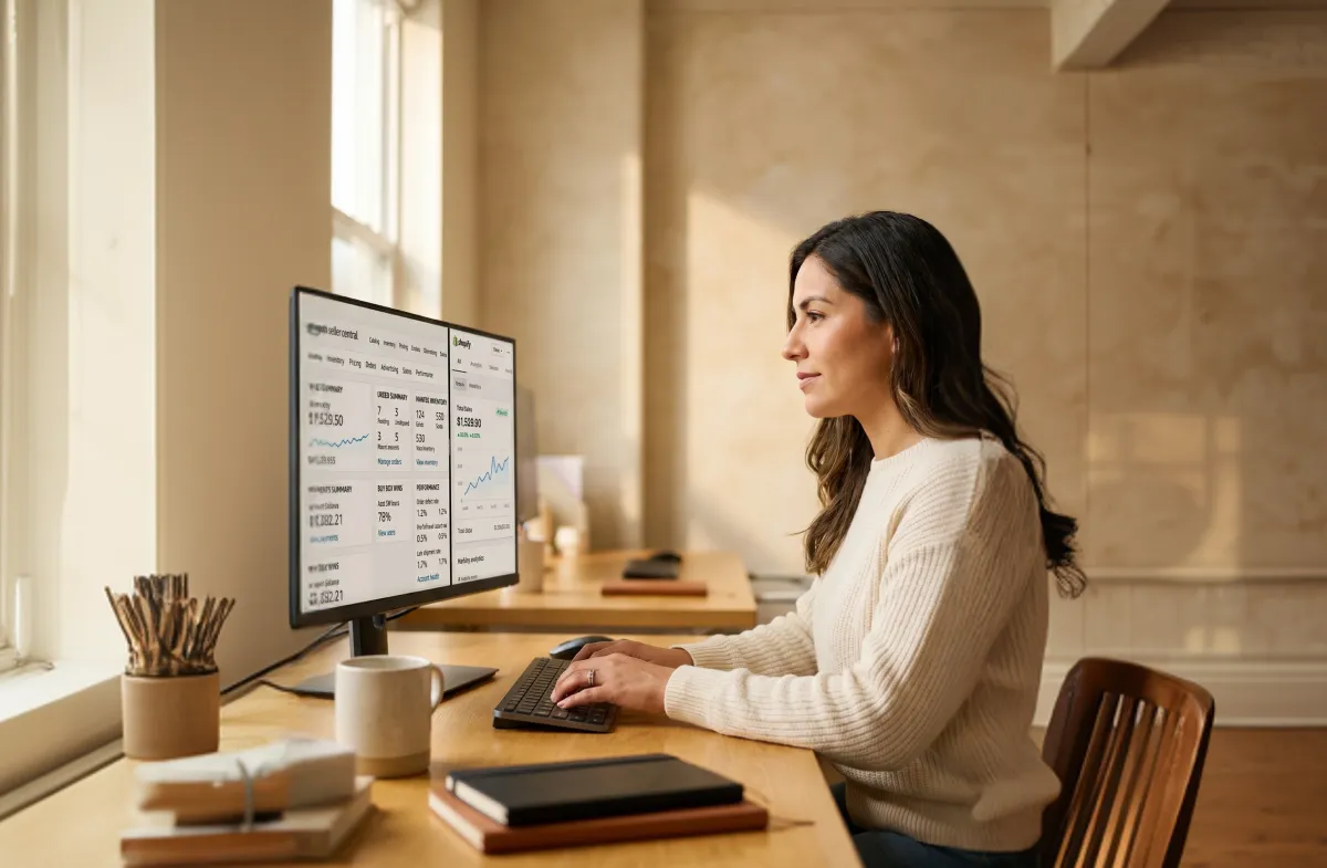 Shopify brand founder reviewing Amazon channel expansion performance metrics at desk in natural light Shopify brand founder reviewing Amazon channel expansion performance metrics at desk in natural light