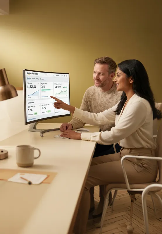 Shopify brand team reviewing unified Amazon and Shopify channel performance report with visible relief in natural desk light Shopify brand team reviewing unified Amazon and Shopify channel performance report with visible relief in natural desk light