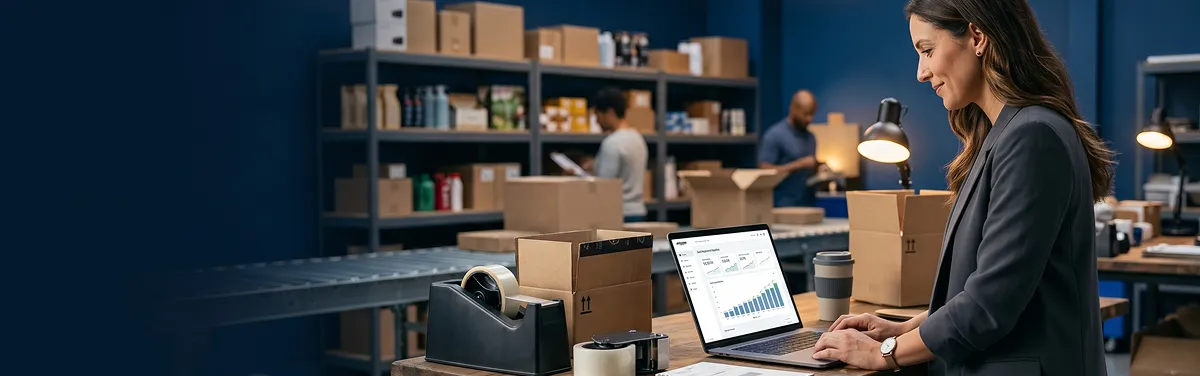 Amazon seller reviewing Seller Central account dashboard at desk in warm natural office light Amazon seller reviewing Seller Central account dashboard at desk in warm natural office light