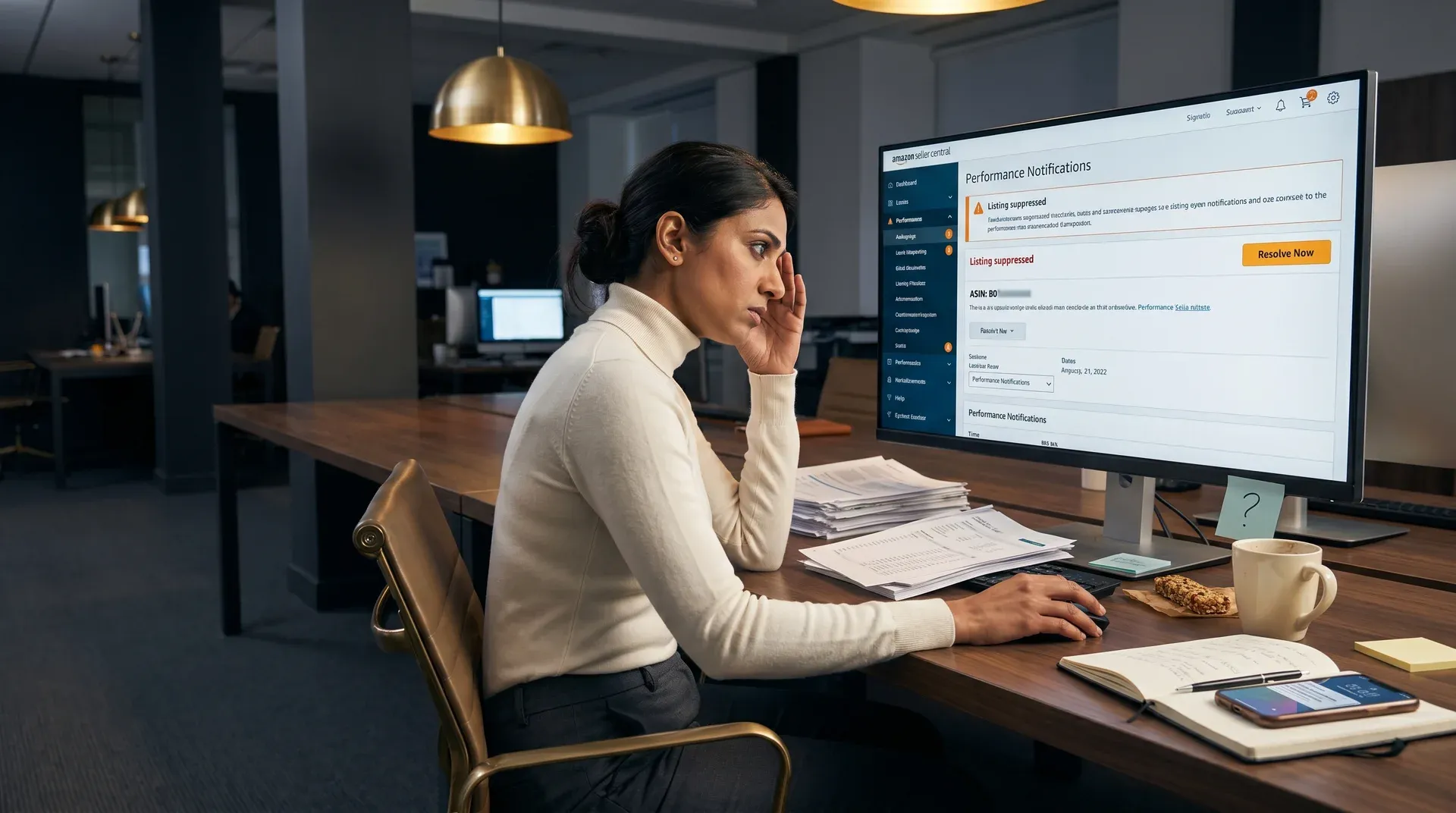 Operations manager surrounded by spreadsheets and unresolved Amazon account alerts, overhead angle, natural light Operations manager surrounded by spreadsheets and unresolved Amazon account alerts, overhead angle, natural light