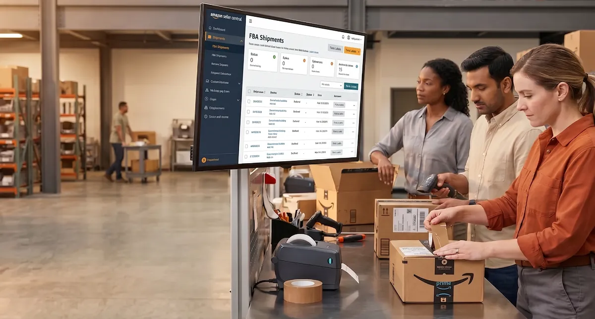 Warehouse team packing products at Amazon FBA station, side profile with natural overhead light Warehouse team packing products at Amazon FBA station, side profile with natural overhead light