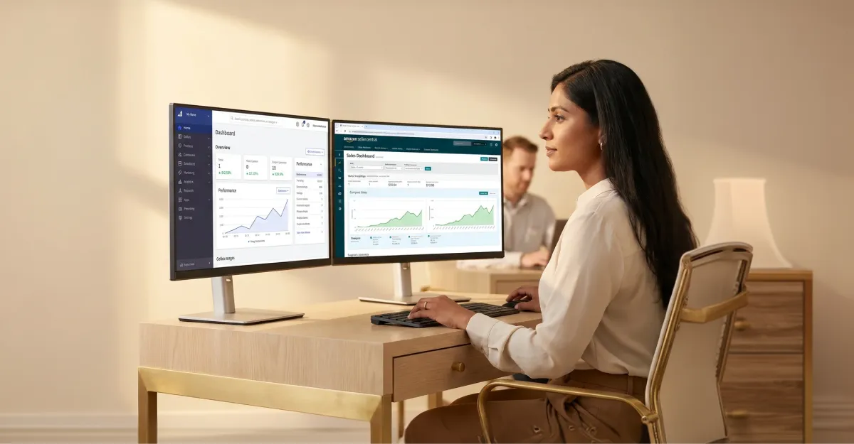BigCommerce brand manager reviewing Amazon marketplace performance alongside direct-to-consumer analytics on dual monitors BigCommerce brand manager reviewing Amazon marketplace performance alongside direct-to-consumer analytics on dual monitors