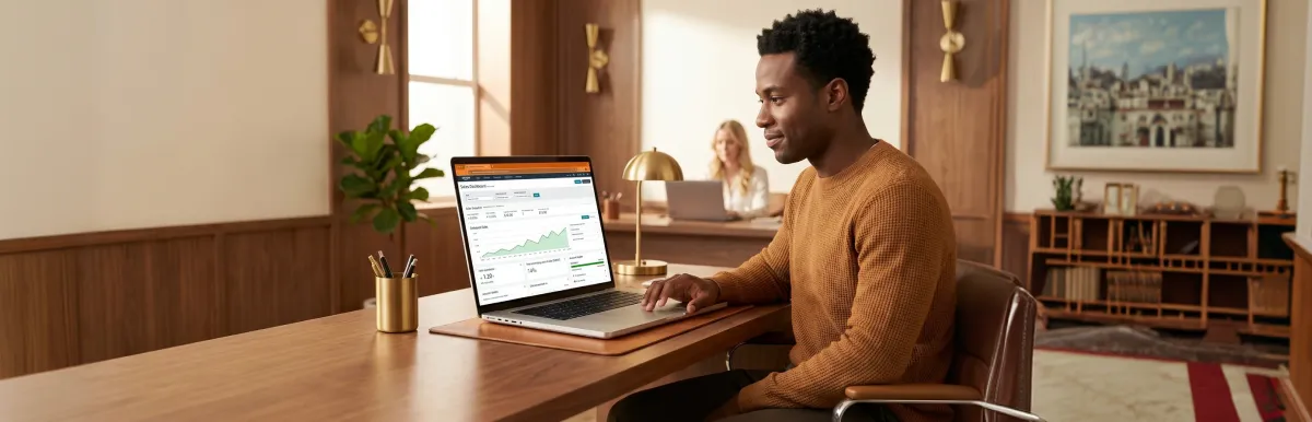 Ecommerce founder reviewing unified BigCommerce and Amazon sales performance on laptop, healthy growth metrics Ecommerce founder reviewing unified BigCommerce and Amazon sales performance on laptop, healthy growth metrics