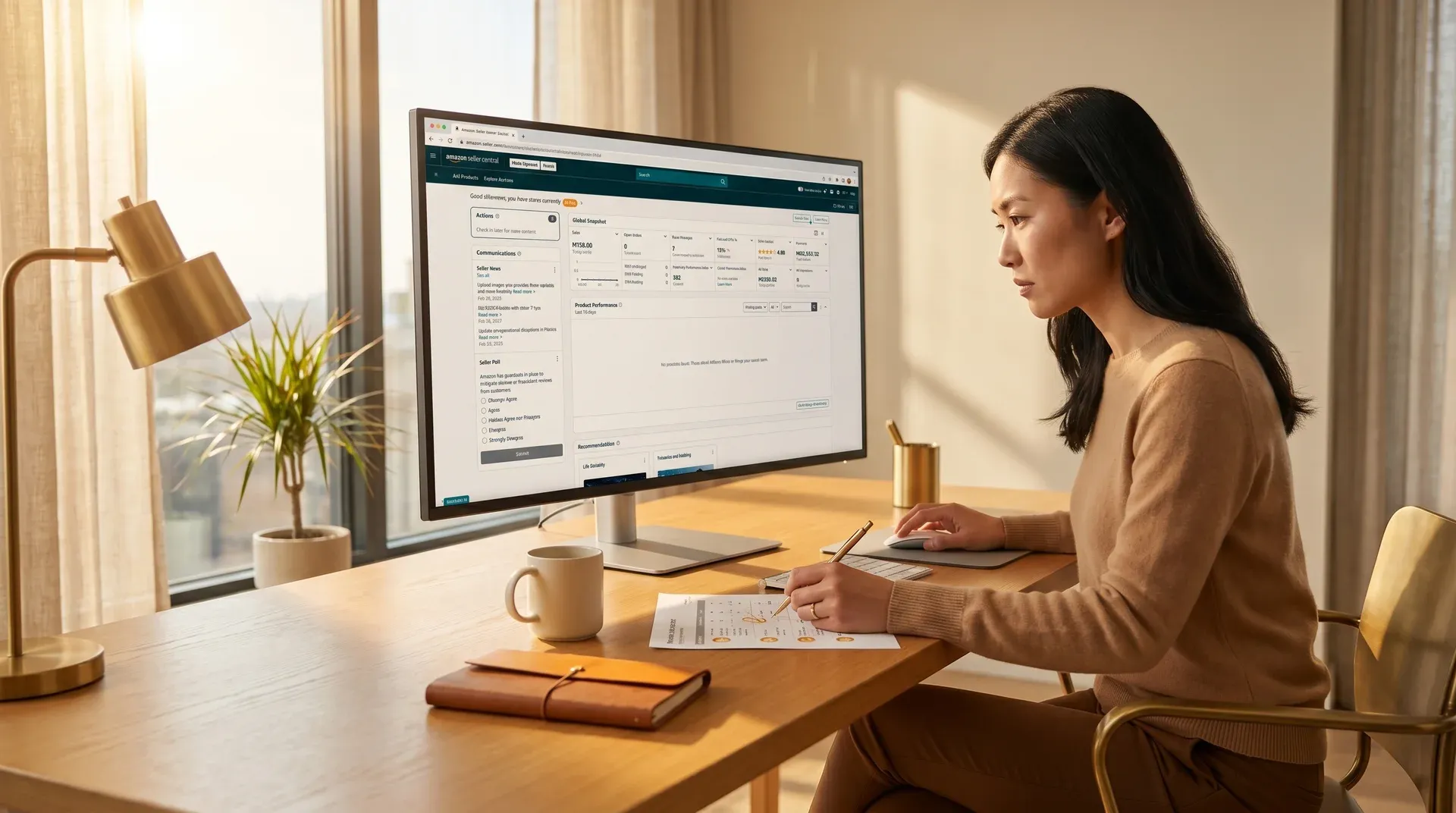 Amazon seller account specialist reviewing Seller Central performance dashboard at a clean desk, natural window light Amazon seller account specialist reviewing Seller Central performance dashboard at a clean desk, natural window light