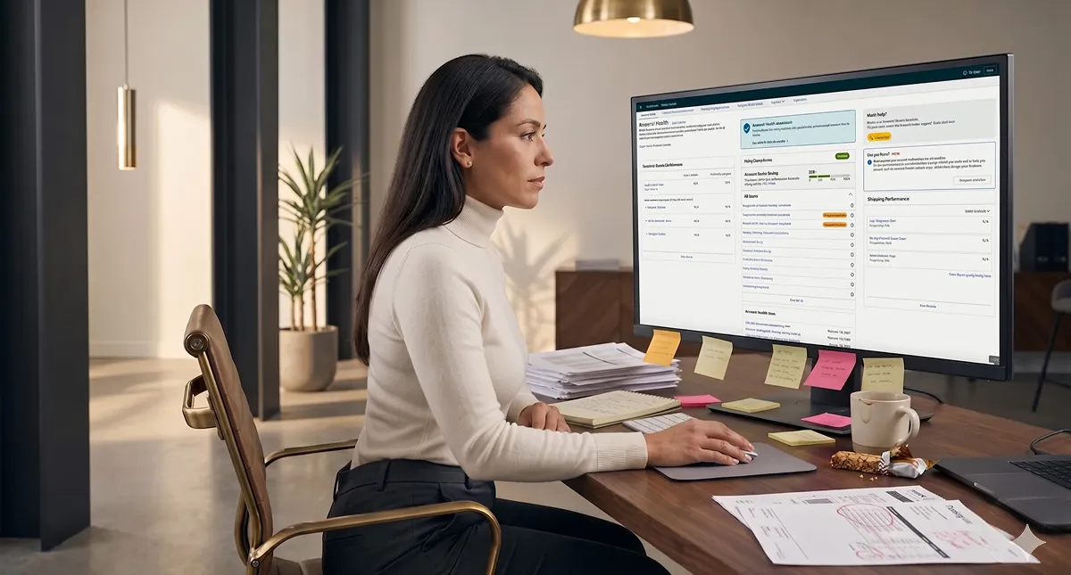 Ecommerce seller calmly diagnosing scattered Amazon account tasks at cluttered desk with Seller Central Account Health screen visible Ecommerce seller calmly diagnosing scattered Amazon account tasks at cluttered desk with Seller Central Account Health screen visible