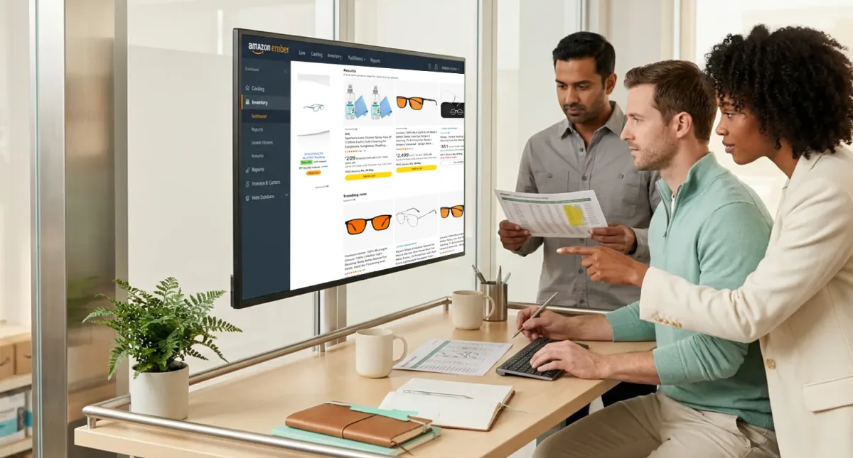 Small operations team at workstation reviewing Amazon fulfillment and account management dashboard together, natural window light Small operations team at workstation reviewing Amazon fulfillment and account management dashboard together, natural window light