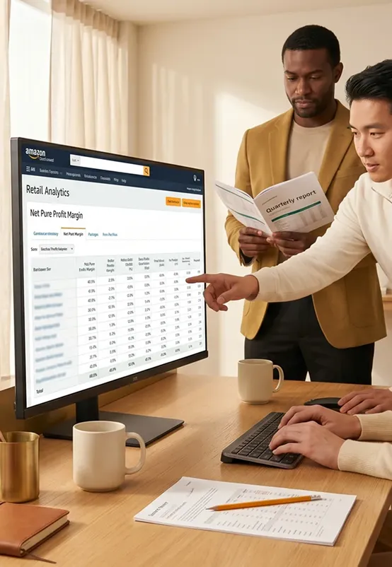 Operations manager calmly reviewing Vendor Central Retail Analytics Sales Dashboard at desk, natural light, side angle Operations manager calmly reviewing Vendor Central Retail Analytics Sales Dashboard at desk, natural light, side angle