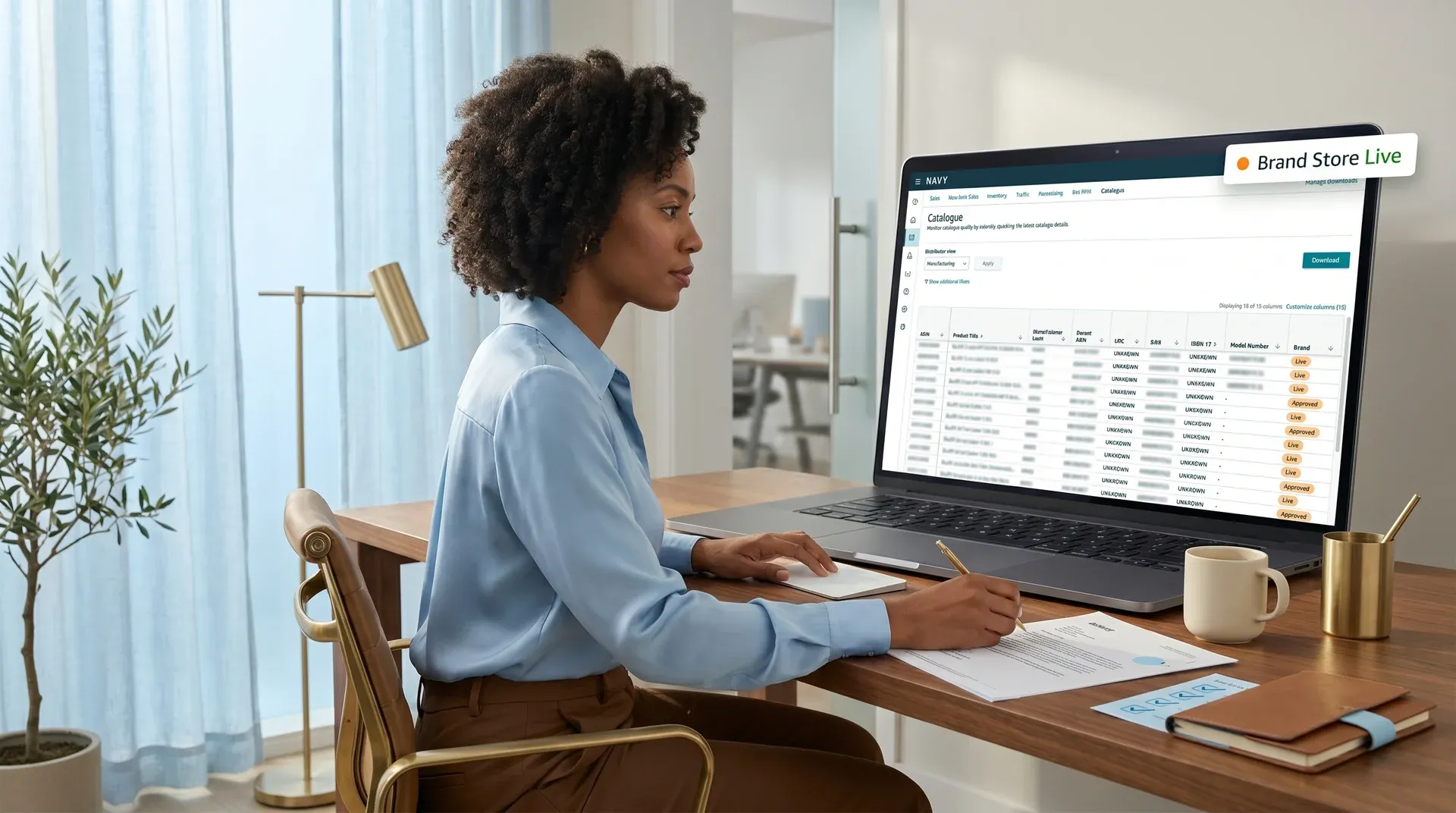 Brand founder calmly reviewing Amazon Brand Registry and storefront launch confirmation on laptop showing real Vendor Central Catalogue Dashboard Brand founder calmly reviewing Amazon Brand Registry and storefront launch confirmation on laptop showing real Vendor Central Catalogue Dashboard