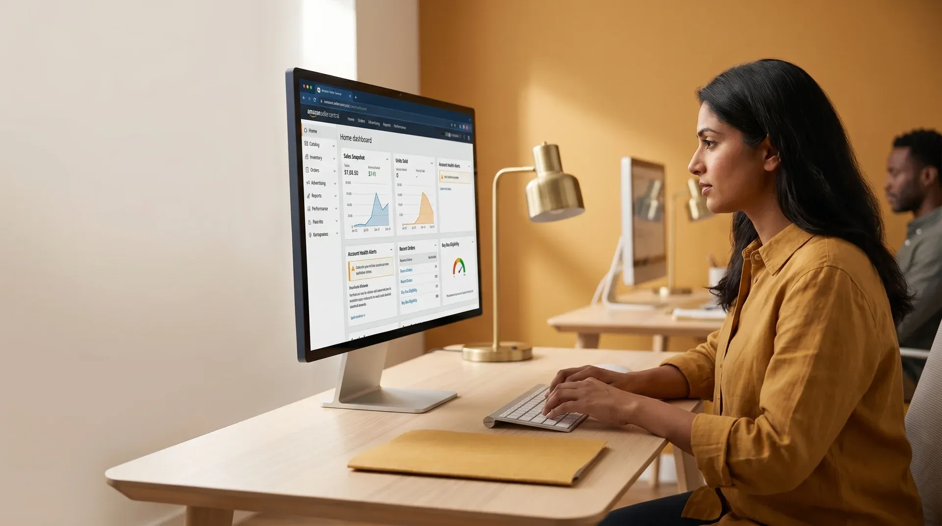 Brand manager reviewing comprehensive full-service Amazon account analytics dashboard at desk in warm natural light, side profile Brand manager reviewing comprehensive full-service Amazon account analytics dashboard at desk in warm natural light, side profile