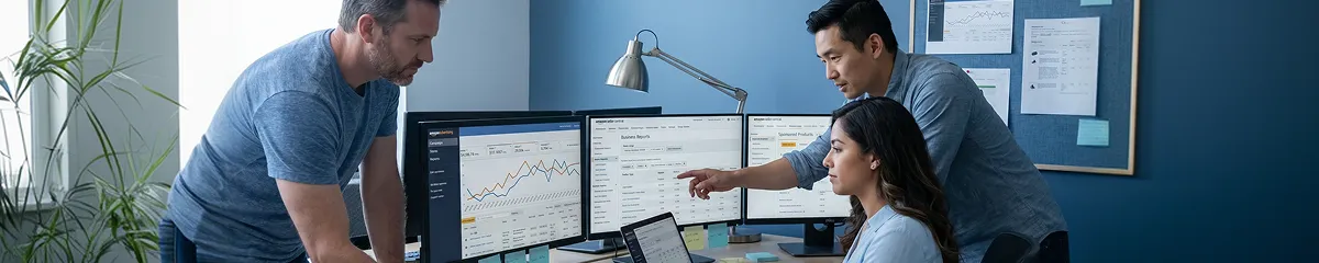 Amazon seller at desk overwhelmed by fragmented reporting across multiple disconnected tools, side angle natural light Amazon seller at desk overwhelmed by fragmented reporting across multiple disconnected tools, side angle natural light