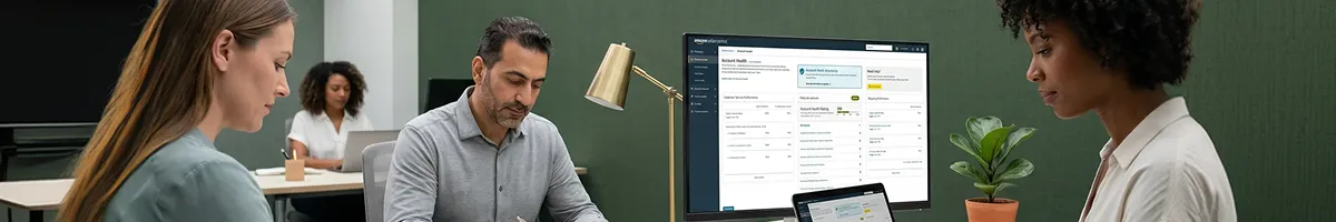 Ecommerce team reviewing Amazon and Shopify channel performance results together at desk with natural overhead light Ecommerce team reviewing Amazon and Shopify channel performance results together at desk with natural overhead light