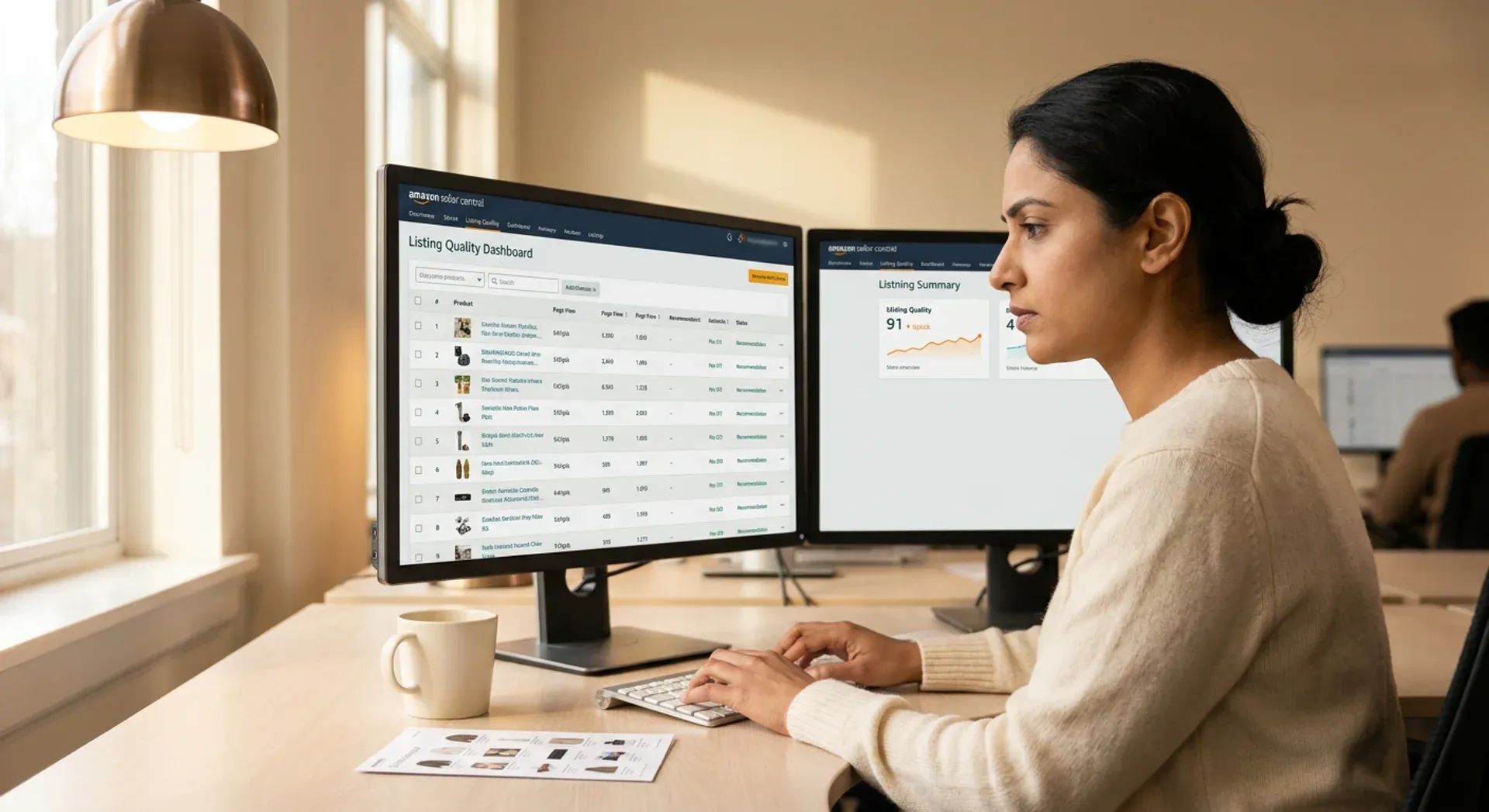 Amazon catalog specialist reviewing product listing data on multiple screens at desk, soft morning office light Amazon catalog specialist reviewing product listing data on multiple screens at desk, soft morning office light